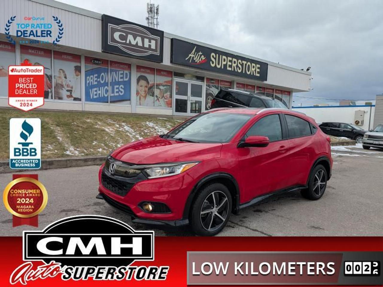 <b>ONLY 27,000 KMS !! AWD !! REAR CAMERA, BLIND SPOT CAMERA, COLLISION SENSORS, LANE SENSING, ADAPTIVE CRUISE CONTROL, APPLE CARPLAY, ANDROID AUTO, SUNROOF, HEATED SEATS, DUAL CLIMATE CONTROL, PROXIMITY KEY, BUTTON START, 17-INCH ALLOY WHEELS</b><br>  <br>CMH certifies that all vehicles meet DOUBLE the Ministry standards for Brakes and Tires<br><br> <br>    This  2022 Honda HR-V is for sale today. <br> <br>This 2022 Honda HR-V is easily a top contender in the adventure seeking - compact SUV segment. The cabin is extremely flexible and feels very airy, allowing for a sporty and fun ride while having the ability to bring it all with you. With a muscular and sleek styling approach, the HR-V boldly stands out in a crowd and comes prepared for a busy schedule thats full of adventure. Whether youre hitting your favourite biking trail or just hitting the road home, choose your own adventure in this impressive and highly capable 2022 HR-V.This low mileage  SUV has just 26,510 kms. Its  red in colour  and is completely accident free based on the <a href=https://vhr.carfax.ca/?id=RQYMYorv2vjY/LXzwjRxElZAhITs/W1r target=_blank>CARFAX Report</a> . It has an automatic transmission and is powered by a  141HP 1.8L 4 Cylinder Engine. <br> <br> Our HR-Vs trim level is Sport. With aggressive black styling and performance aluminum wheels, this Sport HR-V lives up to its name. A sunroof allows for open air driving experiences, while dual zone automatic climate control makes sure you are always comfortable. Fog lamps and Honda LaneWatch right side camera helps you stay safe on the road even in terrible visibility conditions. This crossover offers impressive tech features like Android Auto and Apple Carplay helping you stay connected along with lane keep assist, automatic emergency braking, and distance pacing cruise keeping you safe and lowering road stress. Heated seats provide incredible comfort while remote keyless entry gives endless convenience in this fun little crossover. <br> <br>To apply right now for financing use this link : <a href=https://www.cmhniagara.com/financing/ target=_blank>https://www.cmhniagara.com/financing/</a><br><br> <br/><br>Trade-ins are welcome! Financing available OAC ! Price INCLUDES a valid safety certificate! Price INCLUDES a 60-day limited warranty on all vehicles except classic or vintage cars. CMH is a Full Disclosure dealer with no hidden fees. We are a family-owned and operated business for over 30 years! o~o