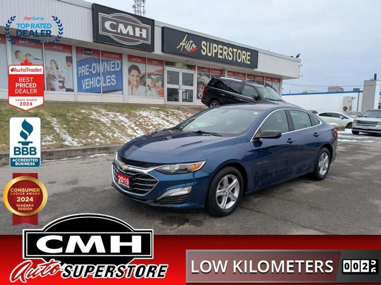 <b>ONLY 57,000 KMS !! 1 OWNER !! REAR CAMERA, APPLE CARPLAY, ANDROID AUTO, BLUETOOTH, TOUCH DISPLAY SCREEN, STEERING WHEEL CONTROLS, CRUISE CONTROL, POWER WINDOWS, POWER LOCKS, POWER MIRRORS, AIR CONDITIONING, PROXIMITY KEY, BUTTON START, 16-IN ALLOYS<br></b><br>  <br>CMH certifies that all vehicles meet DOUBLE the Ministry standards for Brakes and Tires<br><br> <br>    This  2019 Chevrolet Malibu is for sale today. <br> <br>A perfect blend of bold design and ingenious technology make this midsize Malibu everything you wanted, but never thought youd find. With outstanding fuel efficiency, a spacious and comfortable cabin, this Malibu features a robust body structure that contributes to its nimble handling and excellent ride. By combining both press-hardened steel and ultra-high-strength steel, engineers created a cabin that is both strong and lightweight. This low mileage  sedan has just 56,389 kms. Its  blue in colour  and is completely accident free based on the <a href=https://vhr.carfax.ca/?id=cvHsPUlS7Bzmu+dijbnRPkm0JReqlDCt target=_blank>CARFAX Report</a> . It has an automatic transmission and is powered by a  160HP 1.5L 4 Cylinder Engine. <br> <br> Our Malibus trim level is LS. This Malibu has all the essential modern technology such as a 8 inch touchscreen with Android Auto and Apple CarPlay compatibility, Bluetooth streaming audio, Teen Driver technology, Chevrolet Connected Access and 4G WiFi capability. You will also get remote keyless entry with push button start, steering wheel mounted audio and cruise controls, power side mirrors, stylish aluminum wheels and a rear view camera.<br> <br>To apply right now for financing use this link : <a href=https://www.cmhniagara.com/financing/ target=_blank>https://www.cmhniagara.com/financing/</a><br><br> <br/><br>Trade-ins are welcome! Financing available OAC ! Price INCLUDES a valid safety certificate! Price INCLUDES a 60-day limited warranty on all vehicles except classic or vintage cars. CMH is a Full Disclosure dealer with no hidden fees. We are a family-owned and operated business for over 30 years! o~o
