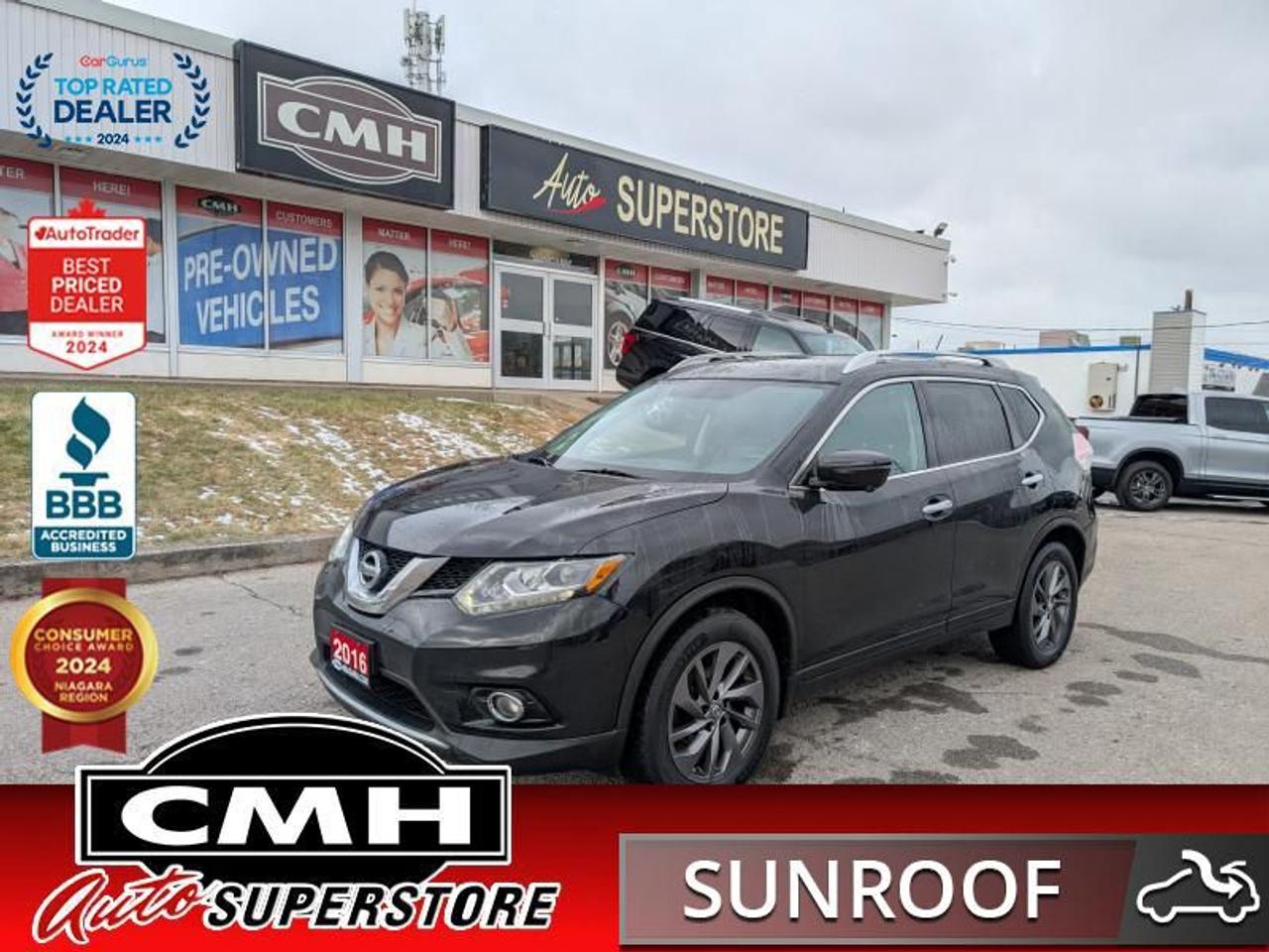 <b>LOADED AWD !! NAVIGATION, 360 CAMERA, BLIND SPOT MONITORING, BOSE AUDIO, BLUETOOTH, STEERING WHEEL CONTROLS, PANORAMIC SUNROOF, LEATHER, DUAL POWER SEATS, HEATED SEATS, DUAL CLIMATE CONTROL, POWER GATE, PROXIMITY KEY, BUTTON START, 18-INCH ALOO WHEELS</b><br>  <br>CMH certifies that all vehicles meet DOUBLE the Ministry standards for Brakes and Tires<br><br> <br>    This  2016 Nissan Rogue is for sale today. <br> <br>Take on a bigger, bolder world. Get there in a compact crossover that brings a stylish look to consistent capability. Load up in a snap with an interior that adapts for adventure. Excellent safety ratings let you enjoy the drive with confidence while great fuel economy lets your adventure go further. Slide into gear and explore a life of possibilities in this Nissan Rogue. It gives you more than you expect and everything you deserve. This  SUV has 189,197 kms. Its  black in colour  . It has an automatic transmission and is powered by a  170HP 2.5L 4 Cylinder Engine. <br> <br> Our Rogues trim level is SL. Upgrade to a new level of comfort and technology with this Rogue SL. It comes with all-wheel drive, navigation, Bluetooth, SiriusXM, Bose nine-speaker premium audio, leather seats which are heated in front, an around view monitor, dual-zone automatic climate control, a power liftgate, blind spot warning, forward emergency braking, and much more.<br> <br>To apply right now for financing use this link : <a href=https://www.cmhniagara.com/financing/ target=_blank>https://www.cmhniagara.com/financing/</a><br><br> <br/><br>Trade-ins are welcome! Financing available OAC ! Price INCLUDES a valid safety certificate! Price INCLUDES a 60-day limited warranty on all vehicles except classic or vintage cars. CMH is a Full Disclosure dealer with no hidden fees. We are a family-owned and operated business for over 30 years! o~o