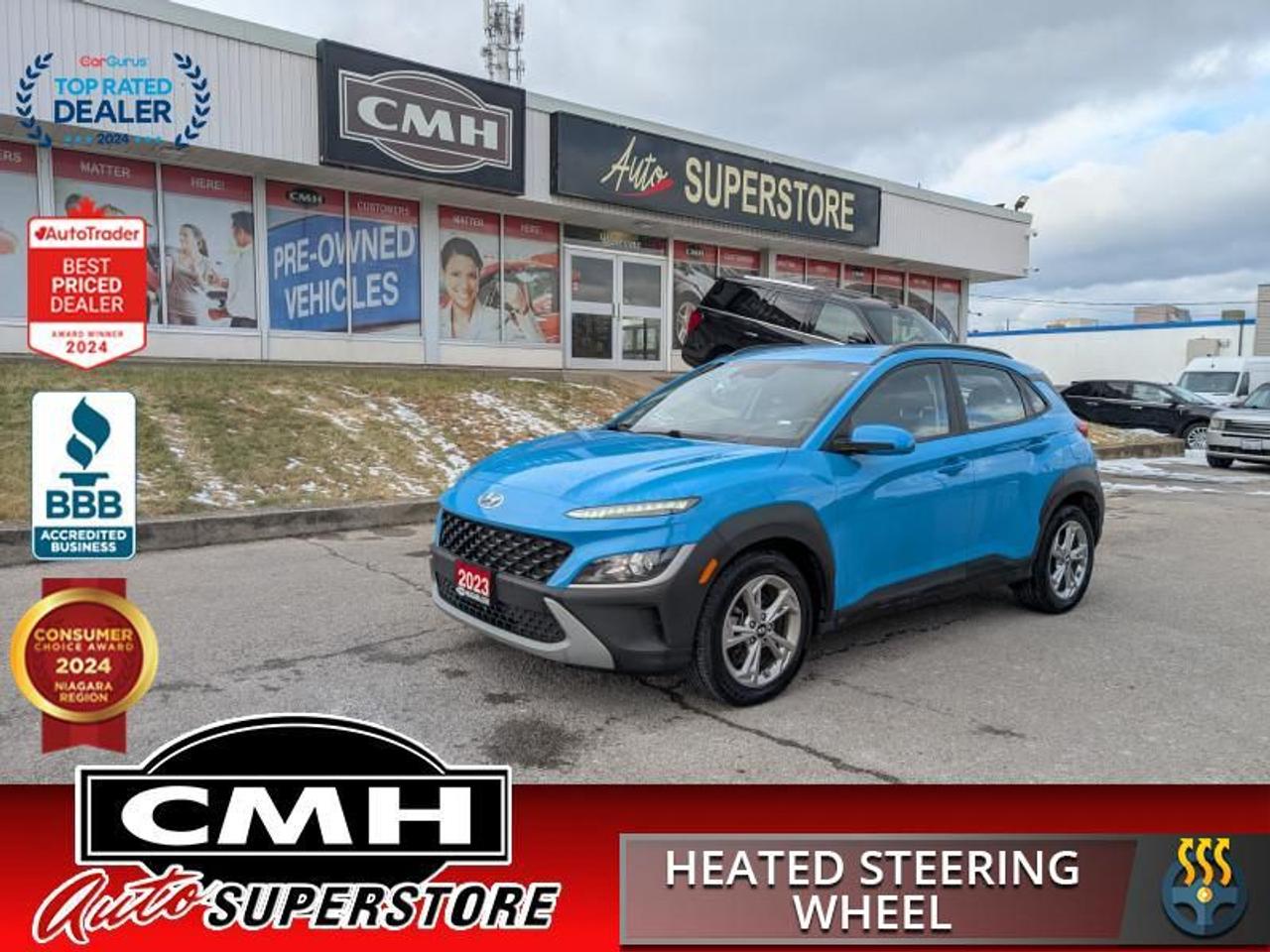 <b>GREAT COLOR !! AWD !! REAR CAMERA, BLIND SPOT, LANE SAFETY, FORWARD SAFETY, APPLE CARPLAY, ANDROID AUTO, BLUETOOTH, STEERING WHEEL CONTROLS, CRUISE CONTROL, HEATED SEATS, HEATED STEERING WHEEL, REMOTE START, PROXIMITY KEY, BUTTON START, 17-IN ALLOYS</b><br>  <br>CMH certifies that all vehicles meet DOUBLE the Ministry standards for Brakes and Tires<br><br> <br>    This  2023 Hyundai Kona is for sale today. <br> <br>With more versatility than its tiny stature lets on, this Kona is ready to prove that big things can come in small packages. With an incredibly long feature list, this Kona is incredibly safe and comfortable, compatible with just about anything, and ready for lifes next big adventure. For distilled perfection in the busy crossover SUV segment, this Kona is the obvious choice.This  SUV has 83,239 kms. Its  blue in colour  and is major accident free based on the <a href=https://vhr.carfax.ca/?id=N5E9RgSvsmbX9ss+RIl6ajb+dLatmHP0 target=_blank>CARFAX Report</a> . It has an automatic transmission and is powered by a  147HP 2.0L 4 Cylinder Engine. <br> <br>To apply right now for financing use this link : <a href=https://www.cmhniagara.com/financing/ target=_blank>https://www.cmhniagara.com/financing/</a><br><br> <br/><br>Trade-ins are welcome! Financing available OAC ! Price INCLUDES a valid safety certificate! Price INCLUDES a 60-day limited warranty on all vehicles except classic or vintage cars. CMH is a Full Disclosure dealer with no hidden fees. We are a family-owned and operated business for over 30 years! o~o
