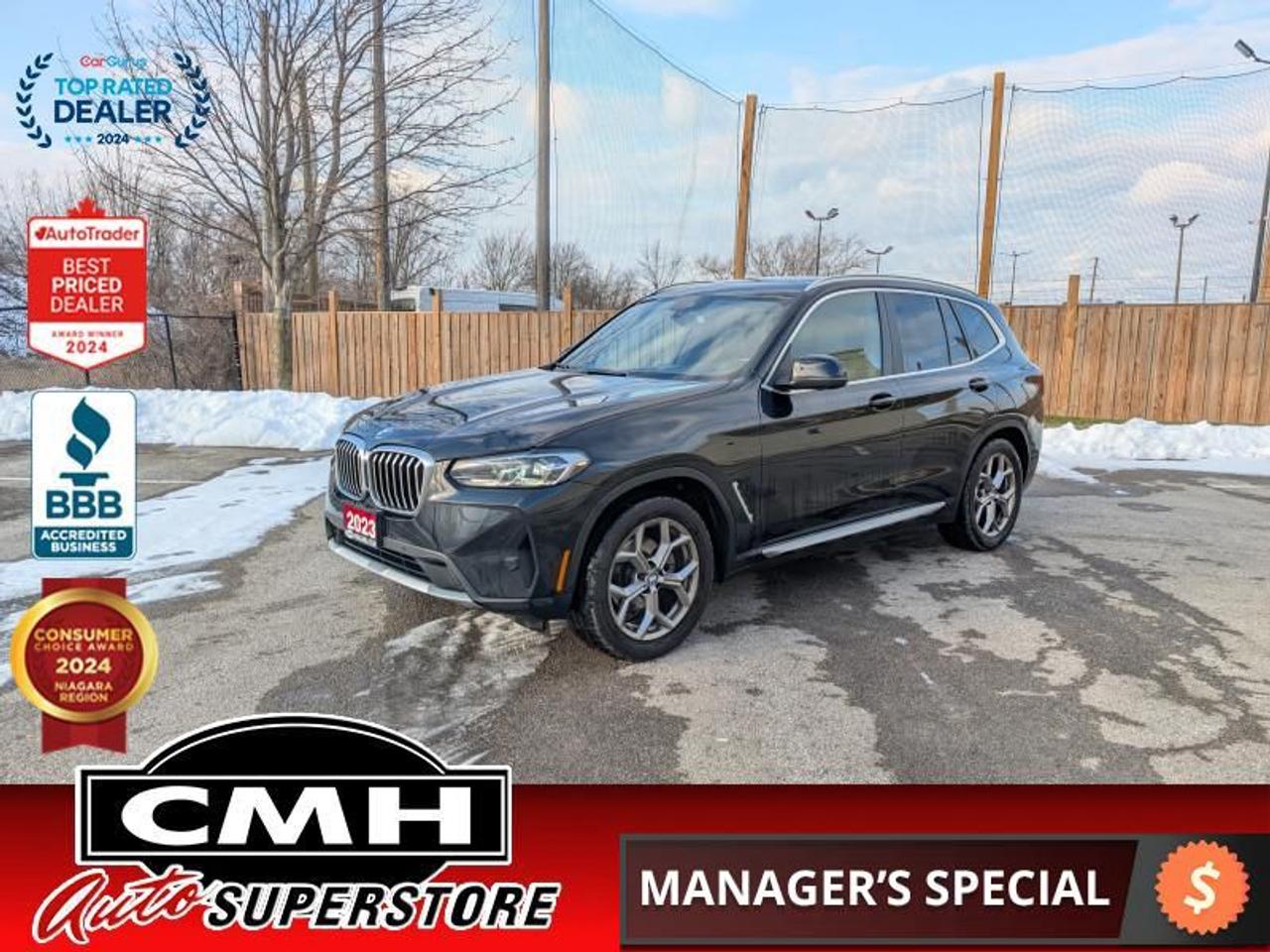 <b>LOADED XDRIVE !! PREMIUM PACKAGE !! NAVIGATION, REAR CAMERA, PARK SENSORS, COLLISION SENSORS, BLIND SPOT, LANE DEPARTURE, WIRELESS PHONE CHARGER, PANORAMIC SUNROOF, LEATHER, POWER SEATS, HEATED SEATS, HEATED STEERING WHEEL, POWER LIFTGATE, 18-IN ALLOYS</b><br>  <br>CMH certifies that all vehicles meet DOUBLE the Ministry standards for Brakes and Tires<br><br> <br>    This  2023 BMW X3 is for sale today. <br> <br>Built for the explorer in all of us, this BMW X3 has the space, comfort, and technology to help you expand your horizons. The exterior reflects BMWs balanced vision thanks to a dynamic silhouette, an aggressively styled front end with bold character lines that directly communicates the X3s outgoing personality. This X3 also offers a reassuring ride with a luxurious interior and is filled with advanced technology and safety features. Easily one of the best premium SUVs, this BMW X3 adapts to your lifestyle while providing an elegant look that will be the envy of all others.This  SUV has 75,305 kms. Its  black sapphire metallic in colour  and is major accident free based on the <a href=https://vhr.carfax.ca/?id=84gdceythC68vRSXojW6aHm/CoLhe2Bu target=_blank>CARFAX Report</a> . It has an automatic transmission and is powered by a  248HP 2.0L 4 Cylinder Engine. <br> <br>To apply right now for financing use this link : <a href=https://www.cmhniagara.com/financing/ target=_blank>https://www.cmhniagara.com/financing/</a><br><br> <br/><br>Trade-ins are welcome! Financing available OAC ! Price INCLUDES a valid safety certificate! Price INCLUDES a 60-day limited warranty on all vehicles except classic or vintage cars. CMH is a Full Disclosure dealer with no hidden fees. We are a family-owned and operated business for over 30 years! o~o