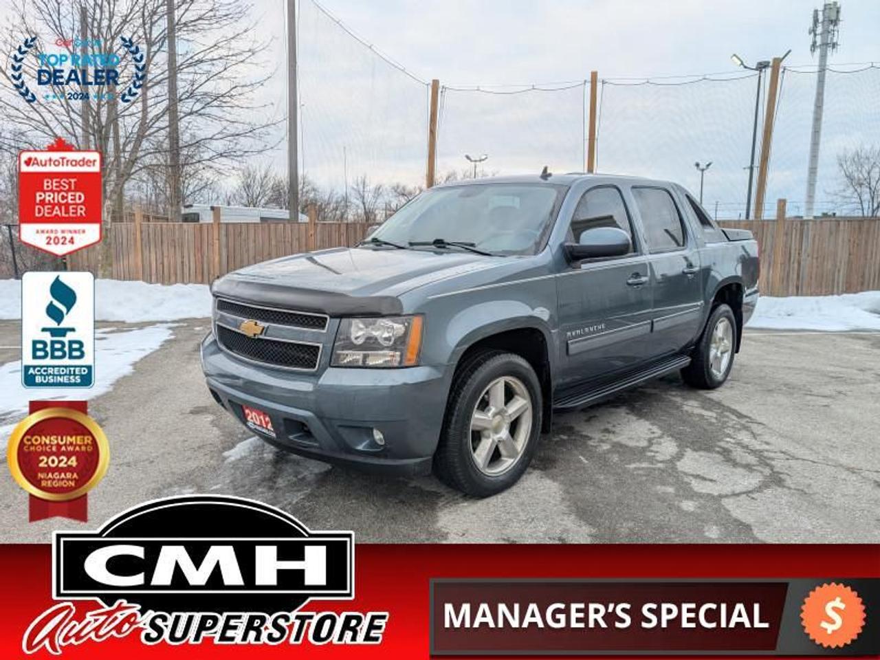 <b>LOW MILEAGE !! 4X4 !! REAR CAMERA (MIRROR), PARKING SENSORS, STEERING WHEEL CONTROLS, CRUISE CONTROL, AUXILIARY PORT, BUCKETS, POWER SEATS, DUAL ZONE CLIMATE, POWER ADJUSTABLE PEDALS, REMOTE START, TONNEAU, BED LINER, SIDE STEPS, 20-IN ALLOY WHEELS</b><br>  <br>CMH certifies that all vehicles meet DOUBLE the Ministry standards for Brakes and Tires<br><br> <br>    This  2012 Chevrolet Avalanche is for sale today. <br> <br>The Chevrolet Avalanche is one of the industrys most flexible utility vehicles combining the passenger-comfort attributes of an SUV with the cargo capability of a truck, thanks to the exclusive midgate. It opens to extend the cargo-carrying capability from the cargo beds 5-foot-3-inch-long length to 8 feet 2 inches. The Avalanche is the best of both truck worlds. This   4X4 pickup  has 122,025 kms. Its  grey in colour  and is completely accident free based on the <a href=https://vhr.carfax.ca/?id=CbEUFIAK4DwOci8udNQvAiwx4KAaxjlr target=_blank>CARFAX Report</a> . It has an automatic transmission and is powered by a  320HP 5.3L 8 Cylinder Engine. <br> <br>To apply right now for financing use this link : <a href=https://www.cmhniagara.com/financing/ target=_blank>https://www.cmhniagara.com/financing/</a><br><br> <br/><br>Trade-ins are welcome! Financing available OAC ! Price INCLUDES a valid safety certificate! Price INCLUDES a 60-day limited warranty on all vehicles except classic or vintage cars. CMH is a Full Disclosure dealer with no hidden fees. We are a family-owned and operated business for over 30 years! o~o