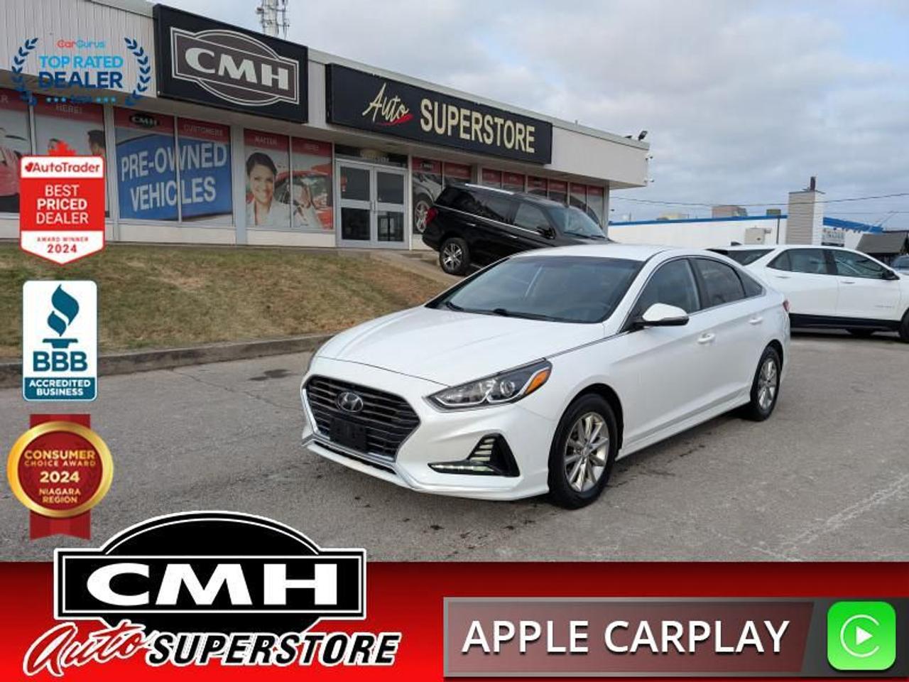 <b>NO ACCIDENTS !! FUEL EFFICIENT !! REAR CAMERA, BLIND SPOT MONITORING, APPLE CARPLAY, ANDROID AUTO, BLUETOOTH, AUXILIARY + USB PORTS, TOUCH DISPLAY SCREEN, STEERING WHEEL CONTROLS, CRUISE CONTROL, HEATED SEATS, POWER GROUP, A/C, 16-INCH ALLOY WHEELS</b><br>  <br>CMH certifies that all vehicles meet DOUBLE the Ministry standards for Brakes and Tires<br><br> <br>    This  2019 Hyundai Sonata is for sale today. <br> <br>The very stylish design of this 2019 Hyundai Sonata is only the beginning. Inside, youll be impressed by the high number of features that make your drive better. Youll also feel added peace of mind with a number of available Hyundai SmartSense safety technologies that actively monitor your surroundings, including standard Blind-Spot Collision Warning! This  sedan has 158,680 kms. Its  white in colour  . It has an automatic transmission and is powered by a  185HP 2.4L 4 Cylinder Engine. <br> <br> Our Sonatas trim level is Essential. The Essential package is loaded with an impressive list of features that include heated front seats, Bluetooth streaming audio, ice cold air conditioning and steering wheel mounted audio controls. Youll also get aluminum wheels, a 7 inch touchscreen with Android Auto and Apple CarPlay, a leather steering wheel, remote keyless entry, a rear view camera and a rear collision warning system plus much more.<br> <br>To apply right now for financing use this link : <a href=https://www.cmhniagara.com/financing/ target=_blank>https://www.cmhniagara.com/financing/</a><br><br> <br/><br>Trade-ins are welcome! Financing available OAC ! Price INCLUDES a valid safety certificate! Price INCLUDES a 60-day limited warranty on all vehicles except classic or vintage cars. CMH is a Full Disclosure dealer with no hidden fees. We are a family-owned and operated business for over 30 years! o~o