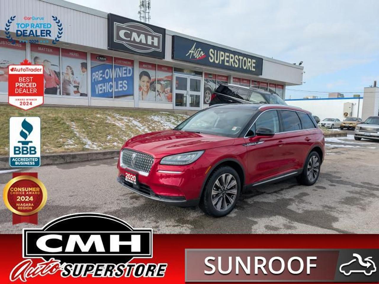 <b>LOADED AWD !! NAVIGATION, REAR CAMERA, PARK SENSORS, COLLISION SENSORS, BLIND SPOT, PARALLEL PARK ASSIST, APPLE CARPLAY, PANORAMIC SUNROOF, LEATHER, POWER SEATS W/ DRIVER MEMORY, HEATED SEATS, DUAL CLIMATE, POWER LIFTGATE, REMOTE START, 18-IN ALLOYS</b><br>  <br>CMH certifies that all vehicles meet DOUBLE the Ministry standards for Brakes and Tires<br><br> <br>    This  2020 Lincoln Corsair is for sale today. <br> <br>This 2020 Lincoln Corsair was designed to be an evolution of luxury. Taking the comfort and technology that we all expect from Lincoln and adding thrilling driving dynamics and family friendly functionality. For the next step in luxury compact SUVs, this intuitive, thrilling, and comforting Corsair is an easy choice.This  SUV has 78,546 kms. Its  red in colour  . It has an automatic transmission and is powered by a  250HP 2.0L 4 Cylinder Engine. <br> <br> Our Corsairs trim level is Reserve. The interior style and safety features are out of this world with Wollsdorf leather steering wheel, hands-free entry, heated seats, interior ambient lighting, memory settings for driver, remote start, and Lincoln Co-Pilot360 with blind spot monitoring, automatic emergency braking, and lane keep assist. For that classic Lincoln style, this SUV comes equipped with dual chrome exhaust tips, aluminum wheels, chrome exterior cladding and window trim, heated power side mirrors with power folding, chrome grille, power liftgate, LED lighting with automatic headlamps and highbeams, and perimeter and approach lights. Stay connected with Lincoln premium audio, SiriusXM, Bluetooth, Apple CarPlay, Android Auto, Wi-Fi, and navigation with an 8 inch touchscreen. This Reserve trim takes it even farther with Sunroof, side mirror turn signals, front fog lamps, Revel premium audio, leather seats, and genuine wood trim.<br> To view the original window sticker for this vehicle view this <a href=http://www.windowsticker.forddirect.com/windowsticker.pdf?vin=5LMCJ2D92LUL00336 target=_blank>http://www.windowsticker.forddirect.com/windowsticker.pdf?vin=5LMCJ2D92LUL00336</a>. <br/><br> <br>To apply right now for financing use this link : <a href=https://www.cmhniagara.com/financing/ target=_blank>https://www.cmhniagara.com/financing/</a><br><br> <br/><br>Trade-ins are welcome! Financing available OAC ! Price INCLUDES a valid safety certificate! Price INCLUDES a 60-day limited warranty on all vehicles except classic or vintage cars. CMH is a Full Disclosure dealer with no hidden fees. We are a family-owned and operated business for over 30 years! o~o