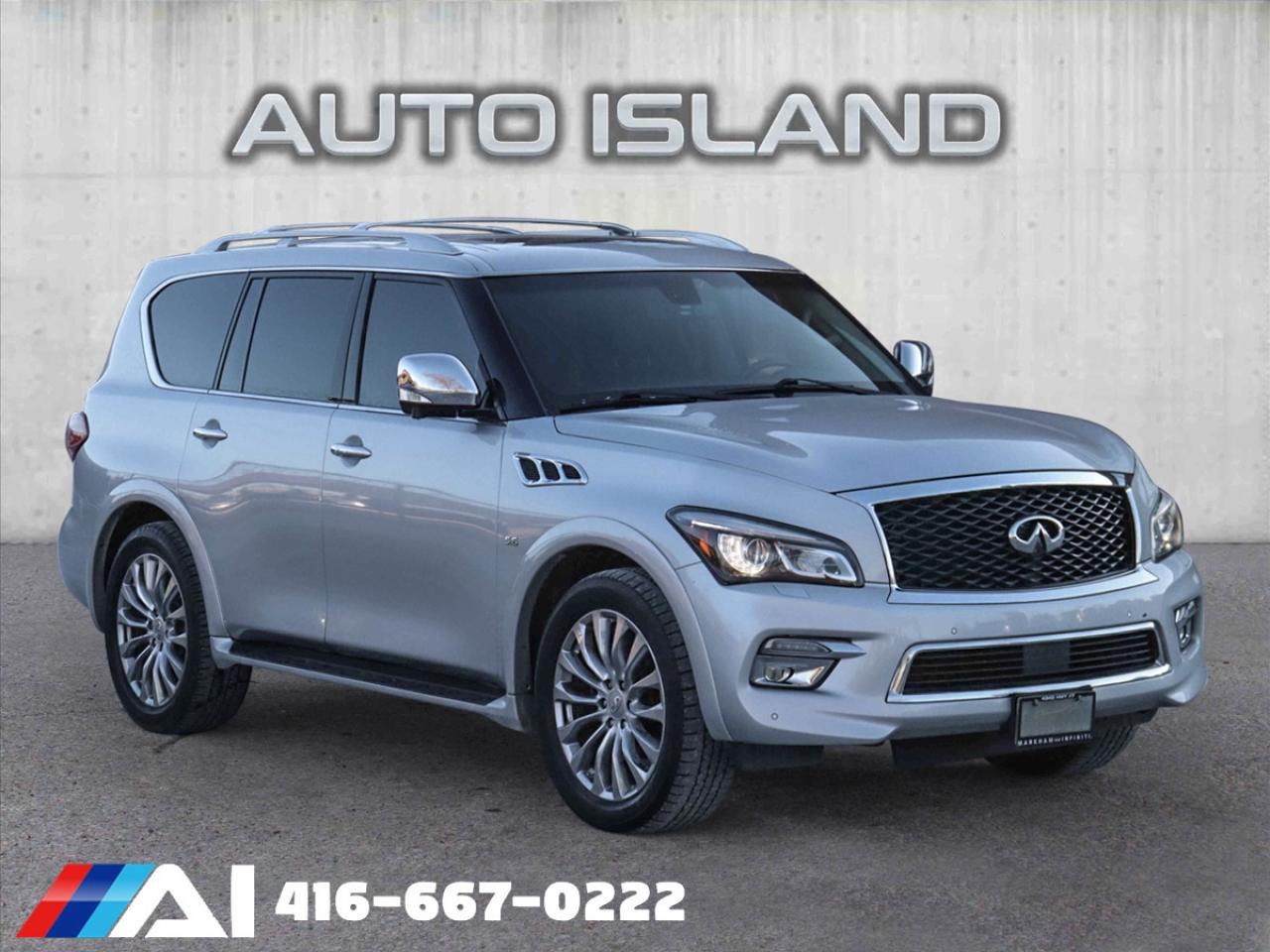 2015 INFINITI QX80,4x4, 7 PASSENGER, FULLY LOADED, NAVIGATION, BACKUP CAMERA + 360 VIEW, LEATHER, SUNROOF, HEATED SEAT, POWER SEAT AND MORE OPTIONS. EXCELLENT CONDITION!    Auto Island Inc., North York  2555 Steeles Ave. West    www.autoislandinc.com     4.7 Google Rating and over 150 vehicles in stock, with more arriving daily! We take pride in offering top-quality vehicles and exceptional service. Our full-service mechanical shop is ready for all your maintenance needs, and every vehicle is professionally detailed and inspected – buy with confidence!    Payments as low as $0 down, up to 84 months, OAC. Good credit, bad credit, new credit? No problem – everyone’s approved! Easy online credit application available . Rates starting at 6.95% OAC – please call for details.    Please note: All prices are plus applicable taxes (HST) and licensing. No hidden surprises—just great vehicles and transparent deals. Certification is available for an additional $899. Without certification, as per OMVIC regulations, the vehicle is not drivable, not E-tested, and not certified.    Proudly serving the GTA and beyond: Peel, Halton, Brampton, Toronto, Burlington, Milton, Mississauga, Hamilton, Cambridge, London, Kitchener, Guelph, Orangeville, Newmarket, Barrie, Markham, Bolton, Caledon, Vaughan, Woodbridge, Etobicoke, Oakville, and more.    We carry all makes and models, including Mercedes, BMW, Audi, Jaguar, VW, Maserati, Porsche, Land Rover, Range Rover, Chrysler, Jeep, Honda, Toyota, Lexus, Infiniti, Acura, and more.