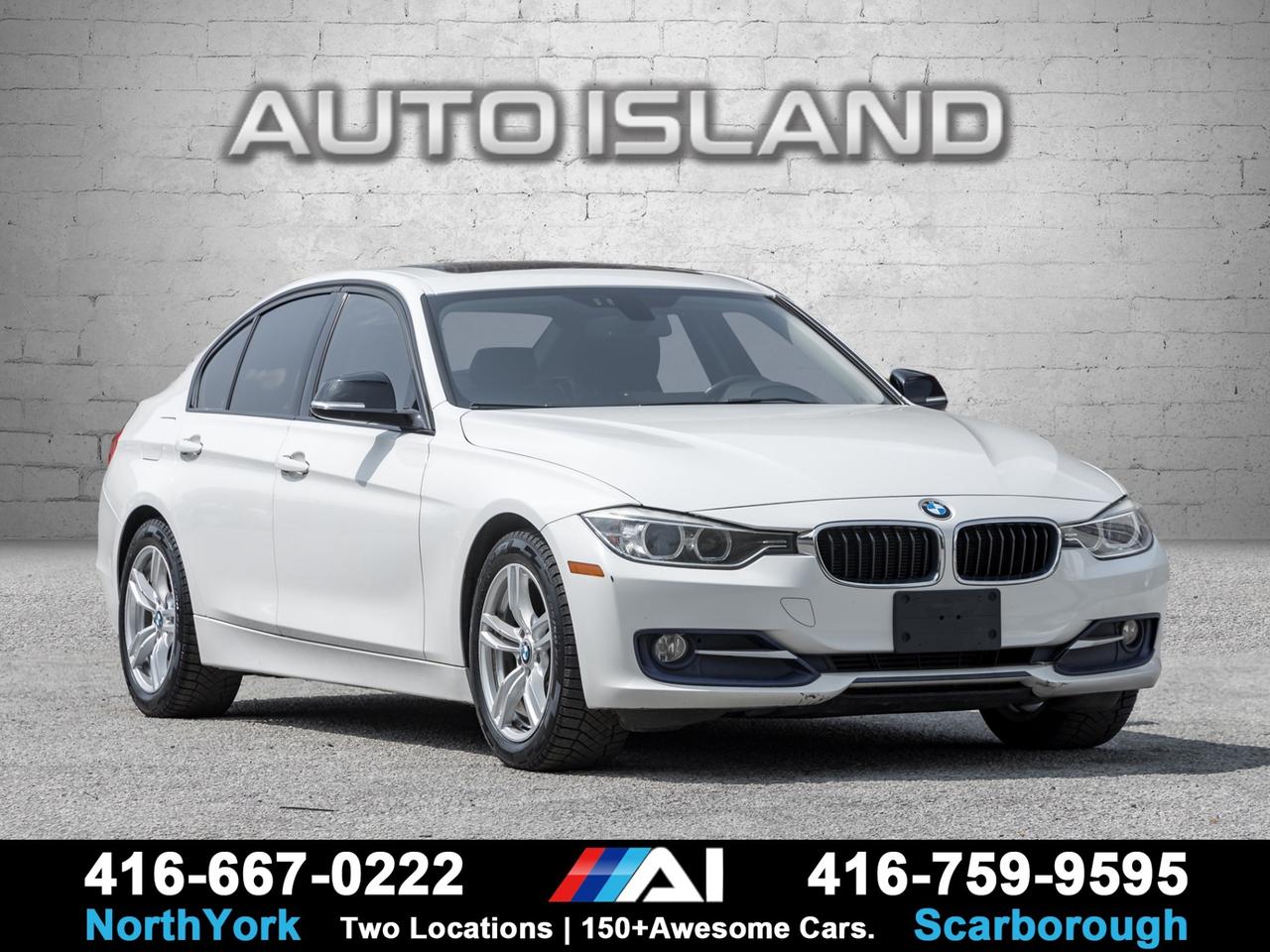 DEALER SERVICED, SPORT PACKAGE, TECH PACKAGE, COLD WEATHER PACKAGE, XDRIVE AWD, LEATHER SEATS WITH RED STITCHING, HEATED SEATS, NAVIGATION, SUNROOF, ALLOY WHEELS!     This 2014 BMW 320i xDrive AWD with Sport, Tech, and Cold Weather Packages combines performance and luxury in a sleek white exterior with a black interior featuring striking red stitching. Equipped with BMW’s xDrive all-wheel drive for excellent traction, heated leather seats, a power sunroof, and navigation system, it offers comfort and advanced features tailored for year-round driving. Well maintained and dealer serviced, this 320i is ready to impress with its blend of style, technology, and capability.         Auto Island Inc., North York  2555 Steeles Ave. West    www.autoislandinc.com     4.7 Google Rating and over 150 vehicles in stock, with more arriving daily! We take pride in offering top-quality vehicles and exceptional service. Our full-service mechanical shop is ready for all your maintenance needs, and every vehicle is professionally detailed and inspected – buy with confidence!    Payments as low as $0 down, up to 84 months, OAC. Good credit, bad credit, new credit? No problem – everyone’s approved! Easy online credit application available . Rates starting at 6.95% OAC – please call for details.    Please note: All prices are plus applicable taxes (HST) and licensing. No hidden surprises—just great vehicles and transparent deals. Certification is available for an additional $899. Without certification, as per OMVIC regulations, the vehicle is not drivable, not E-tested, and not certified.    Proudly serving the GTA and beyond: Peel, Halton, Brampton, Toronto, Burlington, Milton, Mississauga, Hamilton, Cambridge, London, Kitchener, Guelph, Orangeville, Newmarket, Barrie, Markham, Bolton, Caledon, Vaughan, Woodbridge, Etobicoke, Oakville, and more.    We carry all makes and models, including Mercedes, BMW, Audi, Jaguar, VW, Maserati, Porsche, Land Rover, Range Rover, Chrysler, Jeep, Honda, Toyota, Lexus, Infiniti, Acura, and more.