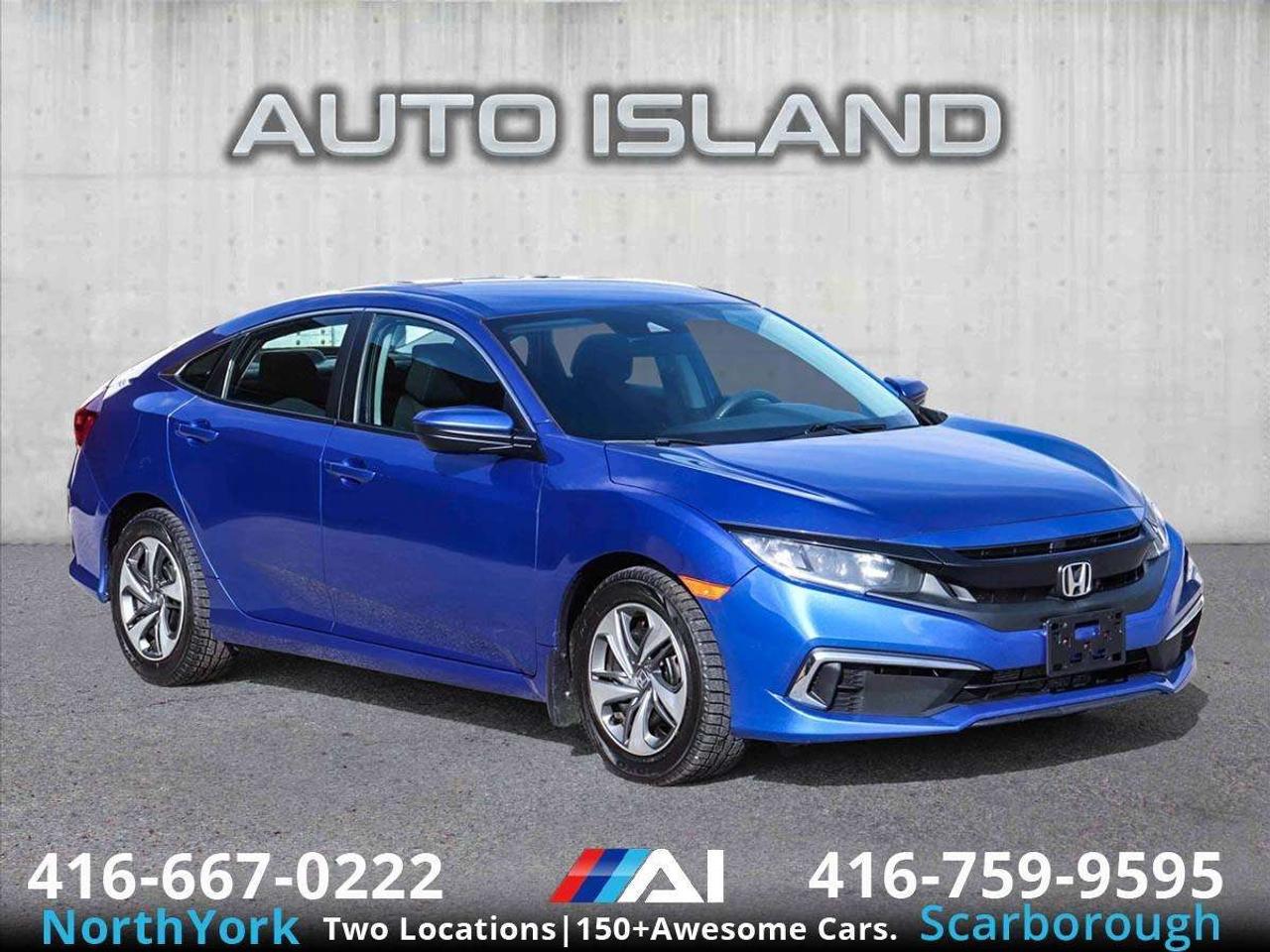 HEATED SEATS, BACKUP CAMERA, BLUETOOTH, CRUISE CONTROL, POWER WINDOWS & LOCKS, ECON MODE, and DEALER SERVICED!<br><br><br>This 2019 Honda Civic LX Sedan blends practicality with peace of mind. It features a fuel-efficient 2.0L engine paired with an automatic transmission and ECON mode for optimized fuel savings. Enjoy the comfort of heated front seats, a multi-angle rearview camera, Bluetooth connectivity, and cruise control. With consistent dealer servicing, and all the must-have features, this Civic is a dependable, value-packed choice for everyday driving.<br><br>Auto Island Inc., North York<br>2555 Steeles Ave. West<br><br>www.autoislandinc.com <br><br>4.7 Google Rating and over 150 vehicles in stock, with more arriving daily! We take pride in offering top-quality vehicles and exceptional service. Our full-service mechanical shop is ready for all your maintenance needs, and every vehicle is professionally detailed and inspected – buy with confidence!<br><br>Payments as low as $0 down, up to 84 months, OAC. Good credit, bad credit, new credit? No problem – everyone’s approved! Easy online credit application available . Rates starting at 8.49% OAC – please call for details.<br><br>Please note: All prices are plus applicable taxes (HST) and licensing. No hidden surprises—just great vehicles and transparent deals. Certification is available for an additional $999. Without certification, as per OMVIC regulations, the vehicle is not drivable, not E-tested, and not certified.<br><br>Proudly serving the GTA and beyond: Peel, Halton, Brampton, Toronto, Burlington, Milton, Mississauga, Hamilton, Cambridge, London, Kitchener, Guelph, Orangeville, Newmarket, Barrie, Markham, Bolton, Caledon, Vaughan, Woodbridge, Etobicoke, Oakville, and more.<br><br>We carry all makes and models, including Mercedes, BMW, Audi, Jaguar, VW, Maserati, Porsche, Land Rover, Range Rover, Chrysler, Jeep, Honda, Toyota, Lexus, Infiniti, Acura, and more.<br><br> <br><br><br><br><br><br> <br><br><br><br><br><br><br><br><br>