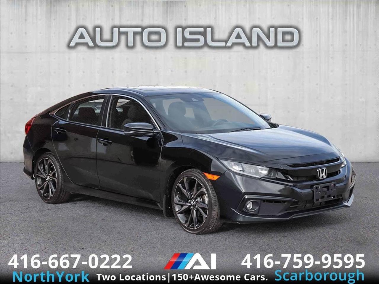 SUNROOF, APPLE CARPLAY & ANDROID AUTO, HEATED SEATS, ALLOY WHEELS, BACKUP CAMERA, REMOTE START, LANE KEEP ASSIST, BLIND SPOT DISPLAY — SPORT TRIM, WELL SERVICED!    This 2020 Honda Civic Sport offers the perfect mix of fun, function, and technology. With its sleek styling and sport-tuned suspension, it stands out from the crowd. Enjoy a sunroof, Apple CarPlay and Android Auto integration, heated front seats, remote start, and a backup camera. Safety and convenience are covered with lane keep assist, adaptive cruise control, and Honda’s blind spot camera system (LaneWatch). Well serviced and well equipped, this Civic Sport is an ideal daily driver with an edge.         Auto Island Inc., North York  2555 Steeles Ave. West    www.autoislandinc.com     4.7 Google Rating and over 150 vehicles in stock, with more arriving daily! We take pride in offering top-quality vehicles and exceptional service. Our full-service mechanical shop is ready for all your maintenance needs, and every vehicle is professionally detailed and inspected – buy with confidence!    Payments as low as $0 down, up to 84 months, OAC. Good credit, bad credit, new credit? No problem – everyone’s approved! Easy online credit application available . Rates starting at 6.95% OAC – please call for details.    Please note: All prices are plus applicable taxes (HST) and licensing. No hidden surprises—just great vehicles and transparent deals. Certification is available for an additional $899. Without certification, as per OMVIC regulations, the vehicle is not drivable, not E-tested, and not certified.    Proudly serving the GTA and beyond: Peel, Halton, Brampton, Toronto, Burlington, Milton, Mississauga, Hamilton, Cambridge, London, Kitchener, Guelph, Orangeville, Newmarket, Barrie, Markham, Bolton, Caledon, Vaughan, Woodbridge, Etobicoke, Oakville, and more.    We carry all makes and models, including Mercedes, BMW, Audi, Jaguar, VW, Maserati, Porsche, Land Rover, Range Rover, Chrysler, Jeep, Honda, Toyota, Lexus, Infiniti, Acura, and more.
