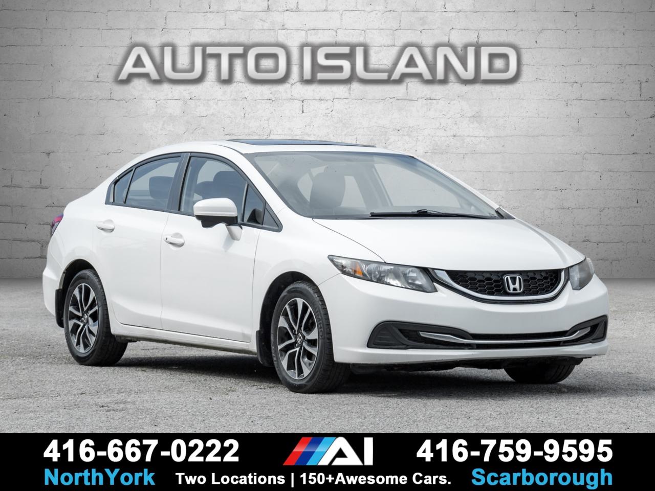 VERY WELL-SERVICED, SUNROOF, HEATED SEATS, BACKUP CAMERA, BLUETOOTH, ALLOY WHEELS, KEYLESS ENTRY & PUSH-BUTTON START.    This 2015 Honda Civic EX combines reliability, comfort, and style. Powered by the fuel-efficient 4-cylinder engine, it’s a pleasure to drive while keeping running costs low. The EX trim adds desirable features like a power sunroof, heated front seats, multi-angle backup camera, Bluetooth hands-free, and sleek alloy wheels. Keyless entry with push-button start makes everyday use effortless. Well serviced and maintained, this Civic offers long-lasting value with Honda’s reputation for quality.          Auto Island Inc., North York  2555 Steeles Ave. West    www.autoislandinc.com     4.7 Google Rating and over 150 vehicles in stock, with more arriving daily! We take pride in offering top-quality vehicles and exceptional service. Our full-service mechanical shop is ready for all your maintenance needs, and every vehicle is professionally detailed and inspected – buy with confidence!    Payments as low as $0 down, up to 84 months, OAC. Good credit, bad credit, new credit? No problem – everyone’s approved! Easy online credit application available . Rates starting at 6.95% OAC – please call for details.    Please note: All prices are plus applicable taxes (HST) and licensing. No hidden surprises—just great vehicles and transparent deals. Certification is available for an additional $899. Without certification, as per OMVIC regulations, the vehicle is not drivable, not E-tested, and not certified.    Proudly serving the GTA and beyond: Peel, Halton, Brampton, Toronto, Burlington, Milton, Mississauga, Hamilton, Cambridge, London, Kitchener, Guelph, Orangeville, Newmarket, Barrie, Markham, Bolton, Caledon, Vaughan, Woodbridge, Etobicoke, Oakville, and more.    We carry all makes and models, including Mercedes, BMW, Audi, Jaguar, VW, Maserati, Porsche, Land Rover, Range Rover, Chrysler, Jeep, Honda, Toyota, Lexus, Infiniti, Acura, and more.