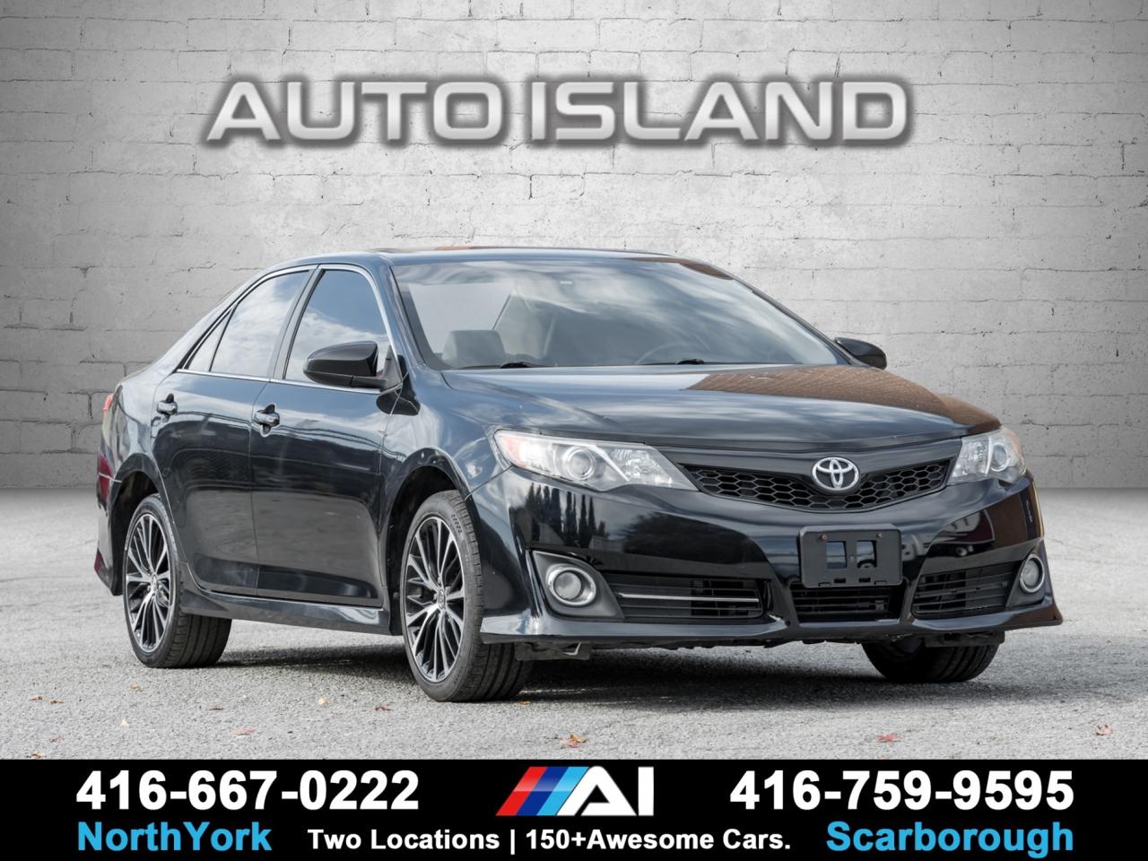 LEGENDARY V6, SE SPORT PACKAGE, LEATHER SEATS, SUNROOF, REARVIEW CAMERA, NAVIGATION, PADDLE SHIFTERS, SPORT SUSPENSION, ALLOY WHEELS, DEALER SERVICED.    This 2014 Toyota Camry V6 SE delivers a rare mix of strong performance and everyday comfort. The V6 engine gives it effortless power, while the SE Sport Package adds a tighter suspension, paddle shifters, and a more aggressive look. Inside, you get leather seating, a power sunroof, and a rearview camera for easy daily driving. Dealer serviced and well cared for, this Camry stands out as a reliable sedan that’s actually fun to drive, without sacrificing the comfort and dependability Toyota is known for.         Auto Island Inc., North York  2555 Steeles Ave. West    www.autoislandinc.com     4.7 Google Rating and over 150 vehicles in stock, with more arriving daily! We take pride in offering top-quality vehicles and exceptional service. Our full-service mechanical shop is ready for all your maintenance needs, and every vehicle is professionally detailed and inspected – buy with confidence!    Payments as low as $0 down, up to 84 months, OAC. Good credit, bad credit, new credit? No problem – everyone’s approved! Easy online credit application available . Rates starting at 6.95% OAC – please call for details.    Please note: All prices are plus applicable taxes (HST) and licensing. No hidden surprises—just great vehicles and transparent deals. Certification is available for an additional $899. Without certification, as per OMVIC regulations, the vehicle is not drivable, not E-tested, and not certified.    Proudly serving the GTA and beyond: Peel, Halton, Brampton, Toronto, Burlington, Milton, Mississauga, Hamilton, Cambridge, London, Kitchener, Guelph, Orangeville, Newmarket, Barrie, Markham, Bolton, Caledon, Vaughan, Woodbridge, Etobicoke, Oakville, and more.    We carry all makes and models, including Mercedes, BMW, Audi, Jaguar, VW, Maserati, Porsche, Land Rover, Range Rover, Chrysler, Jeep, Honda, Toyota, Lexus, Infiniti, Acura, and more.