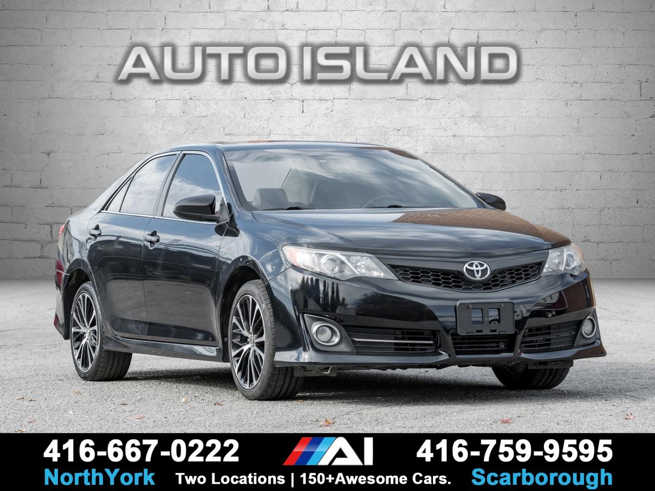 LEGENDARY V6, SE SPORT PACKAGE, LEATHER SEATS, SUNROOF, REARVIEW CAMERA, NAVIGATION, PADDLE SHIFTERS, SPORT SUSPENSION, ALLOY WHEELS, DEALER SERVICED.    This 2014 Toyota Camry V6 SE delivers a rare mix of strong performance and everyday comfort. The V6 engine gives it effortless power, while the SE Sport Package adds a tighter suspension, paddle shifters, and a more aggressive look. Inside, you get leather seating, a power sunroof, and a rearview camera for easy daily driving. Dealer serviced and well cared for, this Camry stands out as a reliable sedan that’s actually fun to drive, without sacrificing the comfort and dependability Toyota is known for.         Auto Island Inc., North York  2555 Steeles Ave. West    www.autoislandinc.com     4.7 Google Rating and over 150 vehicles in stock, with more arriving daily! We take pride in offering top-quality vehicles and exceptional service. Our full-service mechanical shop is ready for all your maintenance needs, and every vehicle is professionally detailed and inspected – buy with confidence!    Payments as low as $0 down, up to 84 months, OAC. Good credit, bad credit, new credit? No problem – everyone’s approved! Easy online credit application available . Rates starting at 6.95% OAC – please call for details.    Please note: All prices are plus applicable taxes (HST) and licensing. No hidden surprises—just great vehicles and transparent deals. Certification is available for an additional $899. Without certification, as per OMVIC regulations, the vehicle is not drivable, not E-tested, and not certified.    Proudly serving the GTA and beyond: Peel, Halton, Brampton, Toronto, Burlington, Milton, Mississauga, Hamilton, Cambridge, London, Kitchener, Guelph, Orangeville, Newmarket, Barrie, Markham, Bolton, Caledon, Vaughan, Woodbridge, Etobicoke, Oakville, and more.    We carry all makes and models, including Mercedes, BMW, Audi, Jaguar, VW, Maserati, Porsche, Land Rover, Range Rover, Chrysler, Jeep, Honda, Toyota, Lexus, Infiniti, Acura, and more.