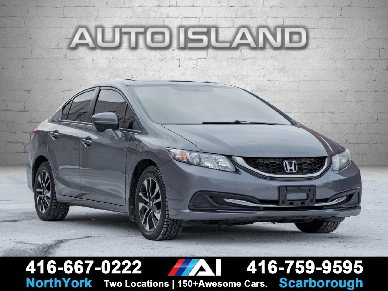 SUNROOF, HEATED SEATS, BLIND-SPOT CAMERA, BACKUP CAMERA, BLUETOOTH, ALLOY WHEELS, KEYLESS ENTRY, SERVICE RECORDS. This 2015 Honda Civic EX is a well-cared-for example that offers the right mix of comfort, efficiency, and everyday reliability. The EX trim brings the features most people actually want, like a power sunroof, heated front seats, and a clear rearview camera, while still keeping running costs low. With plenty of service history behind it, this Civic shows pride of ownership and remains a smart, easy choice for commuting or daily driving.                       Auto Island Inc., North York  2555 Steeles Ave. West    www.autoislandinc.com     4.7 Google Rating and over 150 vehicles in stock, with more arriving daily! We take pride in offering top-quality vehicles and exceptional service. Our full-service mechanical shop is ready for all your maintenance needs, and every vehicle is professionally detailed and inspected – buy with confidence!    Payments as low as $0 down, up to 84 months, OAC. Good credit, bad credit, new credit? No problem – everyone’s approved! Easy online credit application available . Rates starting at 6.95% OAC – please call for details.    Please note: All prices are plus applicable taxes (HST) and licensing. No hidden surprises—just great vehicles and transparent deals. Certification is available for an additional $899. Without certification, as per OMVIC regulations, the vehicle is not drivable, not E-tested, and not certified.    Proudly serving the GTA and beyond: Peel, Halton, Brampton, Toronto, Burlington, Milton, Mississauga, Hamilton, Cambridge, London, Kitchener, Guelph, Orangeville, Newmarket, Barrie, Markham, Bolton, Caledon, Vaughan, Woodbridge, Etobicoke, Oakville, and more.    We carry all makes and models, including Mercedes, BMW, Audi, Jaguar, VW, Maserati, Porsche, Land Rover, Range Rover, Chrysler, Jeep, Honda, Toyota, Lexus, Infiniti, Acura, and more.