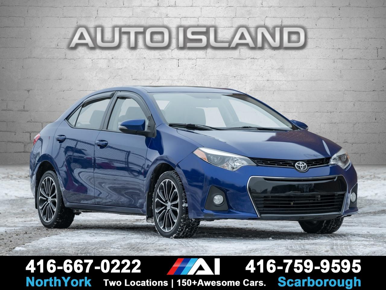 LEATHER SEATS, SUNROOF, 17-INCH ALLOY WHEELS, HEATED SEATS, SPORT APPEARANCE PACKAGE, BACKUP CAMERA, BLUETOOTH, CRUISE CONTROL. This 2014 Toyota Corolla S stands out with its sportier styling and hard-to-find leather interior. The S trim adds a more aggressive look with 17-inch alloys, while the sunroof and heated seats bring everyday comfort you’ll actually use year-round. Known for its reliability and low running costs, this Corolla offers a great balance of style, practicality, and long-term dependability. A clean, well-equipped sedan that still feels modern and easy to live with.     Auto Island Inc., North York  2555 Steeles Ave. West    www.autoislandinc.com     4.7 Google Rating and over 150 vehicles in stock, with more arriving daily! We take pride in offering top-quality vehicles and exceptional service. Our full-service mechanical shop is ready for all your maintenance needs, and every vehicle is professionally detailed and inspected – buy with confidence!    Payments as low as $0 down, up to 84 months, OAC. Good credit, bad credit, new credit? No problem – everyone’s approved! Easy online credit application available . Rates starting at 6.95% OAC – please call for details.    Please note: All prices are plus applicable taxes (HST) and licensing. No hidden surprises—just great vehicles and transparent deals. Certification is available for an additional $899. Without certification, as per OMVIC regulations, the vehicle is not drivable, not E-tested, and not certified.    Proudly serving the GTA and beyond: Peel, Halton, Brampton, Toronto, Burlington, Milton, Mississauga, Hamilton, Cambridge, London, Kitchener, Guelph, Orangeville, Newmarket, Barrie, Markham, Bolton, Caledon, Vaughan, Woodbridge, Etobicoke, Oakville, and more.    We carry all makes and models, including Mercedes, BMW, Audi, Jaguar, VW, Maserati, Porsche, Land Rover, Range Rover, Chrysler, Jeep, Honda, Toyota, Lexus, Infiniti, Acura, and more.