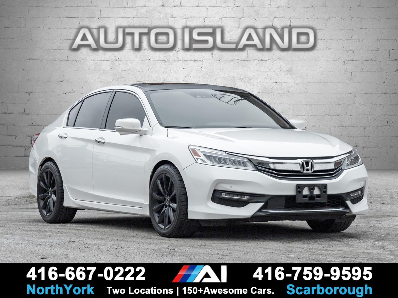 DEALER SERVICED SINCE NEW, LEATHER INTERIOR, NAVIGATION, SUNROOF, REARVIEW CAMERA, HEATED SEATS, PREMIUM AUDIO, ALLOY WHEELS, TOURING TRIM.    This 2016 Honda Accord I4 Touring is a well-equipped sedan that balances comfort, technology, and efficiency. The Touring trim brings the features that make daily driving easier and more enjoyable, including built-in navigation, a clear rearview camera, leather seating, and a power sunroof. Smooth to drive and easy on fuel, this Accord offers a refined ride with the long-term reliability Honda is known for, making it a strong choice for commuting or longer trips.         Auto Island Inc., North York  2555 Steeles Ave. West    www.autoislandinc.com     4.7 Google Rating and over 150 vehicles in stock, with more arriving daily! We take pride in offering top-quality vehicles and exceptional service. Our full-service mechanical shop is ready for all your maintenance needs, and every vehicle is professionally detailed and inspected – buy with confidence!    Payments as low as $0 down, up to 84 months, OAC. Good credit, bad credit, new credit? No problem – everyone’s approved! Easy online credit application available . Rates starting at 6.95% OAC – please call for details.    Please note: All prices are plus applicable taxes (HST) and licensing. No hidden surprises—just great vehicles and transparent deals. Certification is available for an additional $899. Without certification, as per OMVIC regulations, the vehicle is not drivable, not E-tested, and not certified.    Proudly serving the GTA and beyond: Peel, Halton, Brampton, Toronto, Burlington, Milton, Mississauga, Hamilton, Cambridge, London, Kitchener, Guelph, Orangeville, Newmarket, Barrie, Markham, Bolton, Caledon, Vaughan, Woodbridge, Etobicoke, Oakville, and more.    We carry all makes and models, including Mercedes, BMW, Audi, Jaguar, VW, Maserati, Porsche, Land Rover, Range Rover, Chrysler, Jeep, Honda, Toyota, Lexus, Infiniti, Acura, and more.