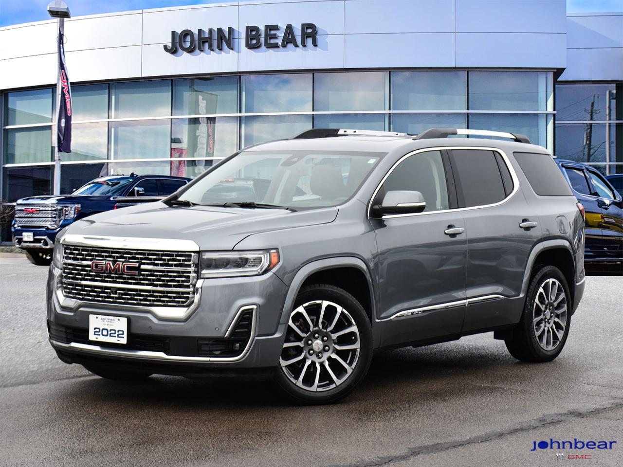 2022 GMC Acadia Denali      *REMOTE START*, *LEATHER*, *PANORAMIC ROOF*, *NAVIGATION*, *SUNROOF*, *BACK-UP CAMERA*, *NOT A RENTAL*, *BOUGHT HERE AND SERVICED HERE*, *LOCAL TRADE*, *GM FACTORY CERTIFIED*, *MOONROOF*, *MARKET VALUE PRICING*, *CLEAN CARFAX REPORT*, *LANE DEPARTURE WARNING*, GMC PRO SAFETY PLUS PKG., AWD, Jet Black w/Perforated Leather-Appointed Seat Trim.      Recent Arrival!    3.6L V6 SIDI 9-Speed Automatic AWD      Certified. Certification Program Details: * 3.99% APR Financing on Select Models for 24mo* of PreOwned Vehicles * 3-month or 5,000 kilometres Comprehensive Limited Warranty Coverage * 24/7 Roadside Assistance * CARFAX® Vehicle History Report Sirius XM 3 months prepaid service * 150-Point Inspection * 30 Days or 2,500 kilometres exchange privilege SEE DEALER FOR ADDITIONAL DETAILS      John Bear Buick GMC offers many automotive products and services. When you visit our store, what you can expect is quality both in our selection of pre-owned vehicles and from our world-class sales team. We offer Market Based Pricing with some of the best value in the Niagara region.