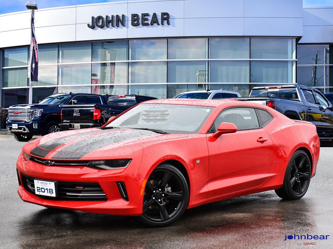 2018 Chevrolet Camaro 2LT 2LT      *REMOTE START*, *BACK-UP CAMERA*, *LOCAL TRADE*, *GM FACTORY CERTIFIED*, *MARKET VALUE PRICING*, *CLEAN CARFAX REPORT*, SPOILER, DECKLID, 8-SPEED AUTOMATIC TRANSMISSION, CPO CERTIFIED, COMES WITH 3 MONTH/5,000KM CPO GMPP CUSTOM POWERTRAIN WARRANTY.      Recent Arrival!    2LT 3.6L V6 DI AUTOMATIC TRANSMISSION RWD      Certified. Certification Program Details: * 3.99% APR Financing on Select Models for 24mo* of PreOwned Vehicles * 3-month or 5,000 kilometres Comprehensive Limited Warranty Coverage * 24/7 Roadside Assistance * CARFAX® Vehicle History Report Sirius XM 3 months prepaid service * 150-Point Inspection * 30 Days or 2,500 kilometres exchange privilege SEE DEALER FOR ADDITIONAL DETAILS    Awards:    * Car and Driver Canada 10 Best Cars   * JD Power Canada Dependability Study      John Bear Buick GMC offers many automotive products and services. When you visit our store, what you can expect is quality both in our selection of pre-owned vehicles and from our world-class sales team. We offer Market Based Pricing with some of the best value in the Niagara region.