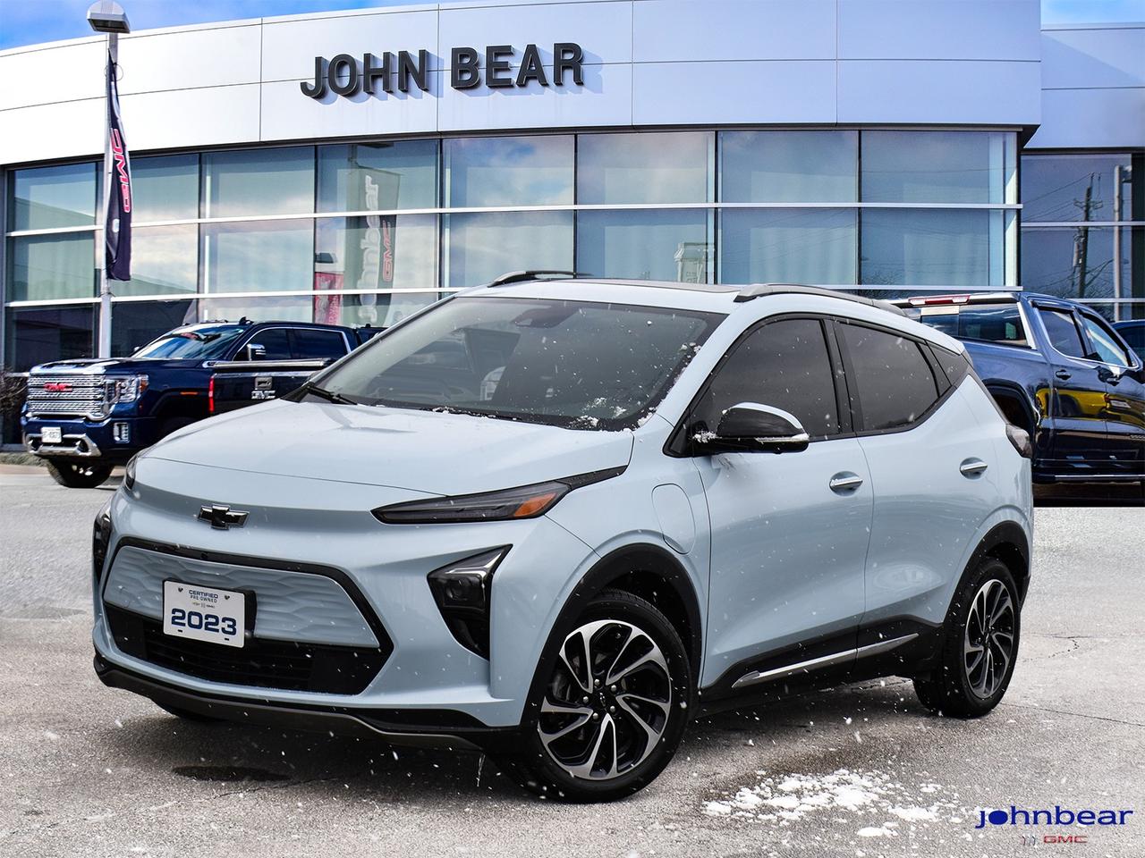 2023 Chevrolet Bolt EUV Premier      *REMOTE START*, *LEATHER*, *PANORAMIC ROOF*, *NAVIGATION*, *SUNROOF*, *BACK-UP CAMERA*, *LOCAL TRADE*, *GM FACTORY CERTIFIED*, *MARKET VALUE PRICING*, *ONE OWNER*, *CLEAN CARFAX REPORT*, *LANE DEPARTURE WARNING*, Bose Premium 7-Speaker Audio System, Enhanced Automatic Emergency Braking, Power Dual Panel Panoramic Sunroof w/Slide, Radio: Chevrolet Infotainment 3 Plus System w/Navi, Sun & Sound Package, Super Cruise, Super Cruise Package.      Recent Arrival!    Electric Motor 1-Speed Automatic FWD  Odometer is 8391 kilometers below market average!    Certified. Certification Program Details: * 3.99% APR Financing on Select Models for 24mo* of PreOwned Vehicles * 3-month or 5,000 kilometres Comprehensive Limited Warranty Coverage * 24/7 Roadside Assistance * CARFAX® Vehicle History Report Sirius XM 3 months prepaid service * 150-Point Inspection * 30 Days or 2,500 kilometres exchange privilege SEE DEALER FOR ADDITIONAL DETAILS      John Bear Buick GMC offers many automotive products and services. When you visit our store, what you can expect is quality both in our selection of pre-owned vehicles and from our world-class sales team. We offer Market Based Pricing with some of the best value in the Niagara region.