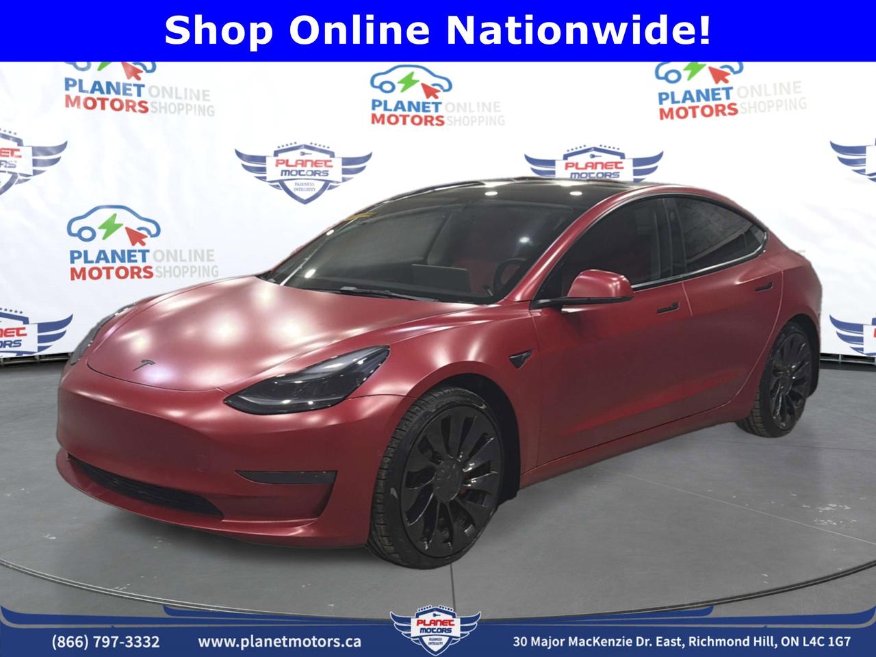 2022 Tesla Model 3 Performance -- dual-motor AWD sport sedan, 38,525 km, Red Multi-Coat.

0-100 in under 3.3 seconds. Track Mode, Brembo brakes, lowered sport suspension. Clean CARFAX -- no accidents.  QUICK FACTS

KM / Colour / Drive: 38,525 km | Red Multi-Coat | All-Wheel Drive

Autopilot: Included standard | FSD-capable -- subscription required ($99/month via Tesla app)

Factory Spec Range: 507 km (EPA official rating -- 2022 Model 3 Performance)

Battery Health: Verified

Warranty: Remaining Tesla factory warranty may apply | Planet Motors EV Extended Plan available OAC

CARFAX: CLEAN -- No accidents reported | Non-smoker confirmed
Interior: Black Leather CONDITION

Planet Motors Near-New Certified -- mechanically inspected,
professionally detailed, cosmetic damage-free.


*** PLANET MOTORS DIFFERENCE - PEACE OF MIND PRICING! ***

CASH PRICE = FINANCE PRICE = THE SAME PRICE!
>>> NO HIDDEN CHARGES - NO CASH SURCHARGES! <
While 99% of dealers charge $1,000-$2,500 EXTRA for cash purchases,
at Planet Motors you pay THE SAME PRICE whether you pay cash or finance!
 WHY CHOOSE PLANET MOTORS?

* TRUE TRANSPARENT PRICING - What you see is what you pay
* NO CASH PENALTIES - Pay however you want, same price
* NO FINANCE PRESSURE - Choose whats best for YOU
* HONEST PRICING - No games, no tricks, no surprises
* PEACE OF MIND - Buy with confidence The price you see is the price you pay - PERIOD.
Cash, finance, bank draft - your choice, same great price!


VEHICLE CERTIFICATION & PRICING

CERTIFICATION STATUS:
As per OMVIC regulations, this vehicle is not certified and not drivable.
> Certification Available: $595 + HST (complete safety inspection included)
> Your Choice: Arrange your own certification at any licensed Ontario facility
 WHAT YOU SEE IS WHAT YOU PAY:

- Advertised price is the REAL PRICE (cash or finance - same!)
- Does not include HST (13%) and licensing fees
- Optional certification: $595 + HST
- Buy online or visit us at PlanetMotors.ca


TRADE-IN YOUR VEHICLE - GET PAID IN 48 HOURS!

Our Instant Cash Offer (ICO) program:
* Fair market value - no lowball offers
* Payment in 48 hours - guaranteed
* No haggling, no pressure
* We buy your car even if youre not buying from us
 Text 416-985-2277 or visit PlanetMotors.ca for your instant offer.


IMPORTANT INFORMATION

CASH vs FINANCE - YOUR CHOICE, SAME PRICE:
Planet Motors does not charge extra for cash purchases.
Whether you pay cash, finance, or bank draft - you pay the
advertised price. No surcharges. No exceptions. GENERAL TERMS:

- Pricing for retail customers (dealer/rental pricing may differ)
- Photos may not reflect exact specifications - verify before purchase
- Large payments ($5,000+) subject to approval for security purposes
- Financing available - competitive rates (O.A.C.)
- All information accurate at time of posting, subject to change


Experience the Planet Motors Difference!
PlanetMotors.ca | 416-985-2277
30 Major Mackenzie Dr E, Richmond Hill, ON | OMVIC #5482807