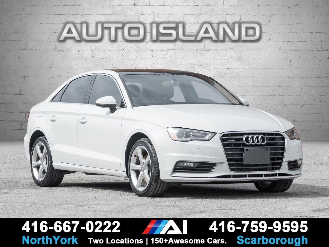 LEATHER, SUNROOF, HEATED SEATS, BLUETOOTH, ALLOY WHEELS, KEYLESS ENTRY.    This 2015 Audi A3 TFSI Komfort offers a clean, refined driving experience with a well-balanced mix of comfort and performance. The turbocharged engine feels responsive and efficient, while the interior delivers that solid Audi feel with leather seating and a sunroof that opens up the cabin. Heated and power seats make everyday driving easier, and the compact size keeps it nimble around the city. A smart, understated luxury sedan that’s easy to enjoy and own.         Auto Island Inc., North York  2555 Steeles Ave. West    www.autoislandinc.com     4.7 Google Rating and over 150 vehicles in stock, with more arriving daily! We take pride in offering top-quality vehicles and exceptional service. Our full-service mechanical shop is ready for all your maintenance needs, and every vehicle is professionally detailed and inspected – buy with confidence!    Payments as low as $0 down, up to 84 months, OAC. Good credit, bad credit, new credit? No problem – everyone’s approved! Easy online credit application available . Rates starting at 6.95% OAC – please call for details.    Please note: All prices are plus applicable taxes (HST) and licensing. No hidden surprises—just great vehicles and transparent deals. Certification is available for an additional $899. Without certification, as per OMVIC regulations, the vehicle is not drivable, not E-tested, and not certified.    Proudly serving the GTA and beyond: Peel, Halton, Brampton, Toronto, Burlington, Milton, Mississauga, Hamilton, Cambridge, London, Kitchener, Guelph, Orangeville, Newmarket, Barrie, Markham, Bolton, Caledon, Vaughan, Woodbridge, Etobicoke, Oakville, and more.    We carry all makes and models, including Mercedes, BMW, Audi, Jaguar, VW, Maserati, Porsche, Land Rover, Range Rover, Chrysler, Jeep, Honda, Toyota, Lexus, Infiniti, Acura, and more.
