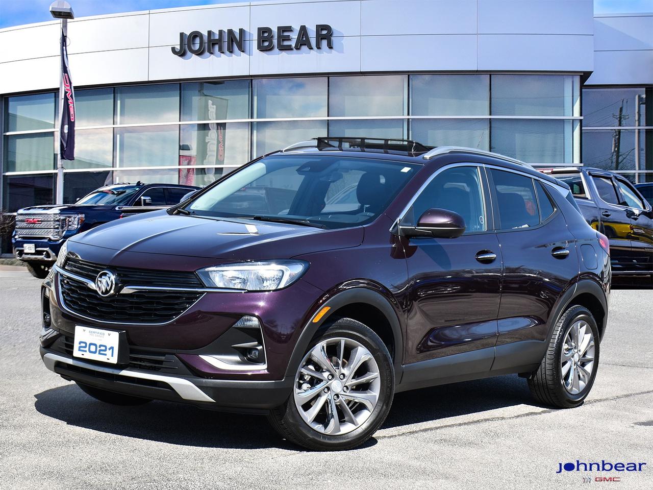 2021 Buick Encore GX Select      *REMOTE START*, *LEATHER*, *SUNROOF*, *BACK-UP CAMERA*, *LOCAL TRADE*, *GM FACTORY CERTIFIED*, *MOONROOF*, *MARKET VALUE PRICING*, *CLEAN CARFAX REPORT*.      Recent Arrival!    ECOTEC 1.3L Turbo 9-Speed Automatic AWD      Certified. Certification Program Details: * 3.99% APR Financing on Select Models for 24mo* of PreOwned Vehicles * 3-month or 5,000 kilometres Comprehensive Limited Warranty Coverage * 24/7 Roadside Assistance * CARFAX® Vehicle History Report Sirius XM 3 months prepaid service * 150-Point Inspection * 30 Days or 2,500 kilometres exchange privilege SEE DEALER FOR ADDITIONAL DETAILS    Awards:    * IIHS Canada Top Safety Pick with specific headlights      John Bear Buick GMC offers many automotive products and services. When you visit our store, what you can expect is quality both in our selection of pre-owned vehicles and from our world-class sales team. We offer Market Based Pricing with some of the best value in the Niagara region.
