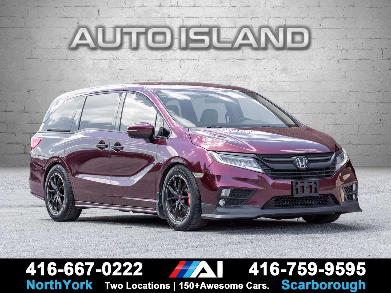 NO ACCIDENTS, DEALER SERVICED, HONDA SENSING, LEATHER, HEATED & VENTILATED FRONT SEATS, POWER MOONROOF, NAVIGATION, REAR ENTERTAINMENT SYSTEM, CABINWATCH, CABINTALK, POWER TAILGATE, POWER SLIDING DOORS, BLIND SPOT MONITORING, 360° CAMERA, SPORT 18 FORGED ALLOY WHEELS, AERO GROUND EFFECTS KIT.<br><br>This 2018 Honda Odyssey Touring is about as loaded and sharp-looking as an Odyssey gets, with every major option youd want and a clean, accident-free history backed by dealer servicing. The Touring already brings a serious level of luxury and technology, with leather seating, heated and ventilated front seats, navigation, a power moonroof, rear entertainment, CabinWatch, CabinTalk, power sliding doors, and a power tailgate. Honda Sensing, blind spot monitoring, and the 360° camera add another level of confidence for everyday driving.<br><br>What really sets this one apart is the added appearance equipment. The Sport 18-inch forged alloy wheels and Aero Ground Effects Kit give this Odyssey a much more aggressive stance and make it look genuinely sporty rather than like every other minivan on the road. Its a stunning combination of family practicality, luxury, and performance-inspired styling, especially with the dealer service history and accident-free record.<br><br>Auto Island Inc., North York<br>2555 Steeles Ave. West<br><br>www.autoislandinc.com <br><br>4.7 Google Rating and over 150 vehicles in stock, with more arriving daily! We take pride in offering top-quality vehicles and exceptional service. Our full-service mechanical shop is ready for all your maintenance needs, and every vehicle is professionally detailed and inspected  buy with confidence!<br><br>Payments as low as $0 down, up to 84 months, OAC. Good credit, bad credit, new credit? No problem  everyones approved! Easy online credit application available . Rates starting at 6.95% OAC  please call for details.<br><br>Please note: All prices are plus applicable taxes (HST) and licensing. No hidden surprisesjust great vehicles and transparent deals. Certification is available for an additional $899. Without certification, as per OMVIC regulations, the vehicle is not drivable, not E-tested, and not certified.<br><br>Proudly serving the GTA and beyond: Peel, Halton, Brampton, Toronto, Burlington, Milton, Mississauga, Hamilton, Cambridge, London, Kitchener, Guelph, Orangeville, Newmarket, Barrie, Markham, Bolton, Caledon, Vaughan, Woodbridge, Etobicoke, Oakville, and more.<br><br>We carry all makes and models, including Mercedes, BMW, Audi, Jaguar, VW, Maserati, Porsche, Land Rover, Range Rover, Chrysler, Jeep, Honda, Toyota, Lexus, Infiniti, Acura, and more.<br><br> <br><br><br><br><br><br> <br><br><br><br><br><br><br><br><br>