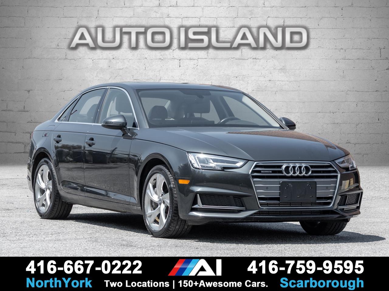 VIRTUAL COCKPIT, NAVIGATION, SUNROOF, LEATHER, HEATED SEATS, BACKUP CAMERA, PARKING SENSORS, MEMORY SEAT.     This 2019 Audi A4 Progressiv 45 TFSI Quattro delivers a refined blend of performance, luxury, and advanced technology. The 45 TFSI turbocharged engine provides smooth, responsive power, while Audis legendary Quattro all-wheel drive system offers confident handling in every season. Inside, youll find a premium cabin featuring the Virtual Cockpit digital display, navigation, leather seating, heated front seats, a panoramic sunroof, and a memory drivers seat. Quiet, comfortable, and exceptionally well balanced, this A4 is a luxury sedan thats just as enjoyable on the daily commute as it is on a weekend getaway.    Auto Island Inc., North York  2555 Steeles Ave. West    www.autoislandinc.com     4.7 Google Rating and over 150 vehicles in stock, with more arriving daily! We take pride in offering top-quality vehicles and exceptional service. Our full-service mechanical shop is ready for all your maintenance needs, and every vehicle is professionally detailed and inspected – buy with confidence!    Payments as low as $0 down, up to 84 months, OAC. Good credit, bad credit, new credit? No problem – everyone’s approved! Easy online credit application available . Rates starting at 6.95% OAC – please call for details.    Please note: All prices are plus applicable taxes (HST) and licensing. No hidden surprises—just great vehicles and transparent deals. Certification is available for an additional $899. Without certification, as per OMVIC regulations, the vehicle is not drivable, not E-tested, and not certified.    Proudly serving the GTA and beyond: Peel, Halton, Brampton, Toronto, Burlington, Milton, Mississauga, Hamilton, Cambridge, London, Kitchener, Guelph, Orangeville, Newmarket, Barrie, Markham, Bolton, Caledon, Vaughan, Woodbridge, Etobicoke, Oakville, and more.    We carry all makes and models, including Mercedes, BMW, Audi, Jaguar, VW, Maserati, Porsche, Land Rover, Range Rover, Chrysler, Jeep, Honda, Toyota, Lexus, Infiniti, Acura, and more.