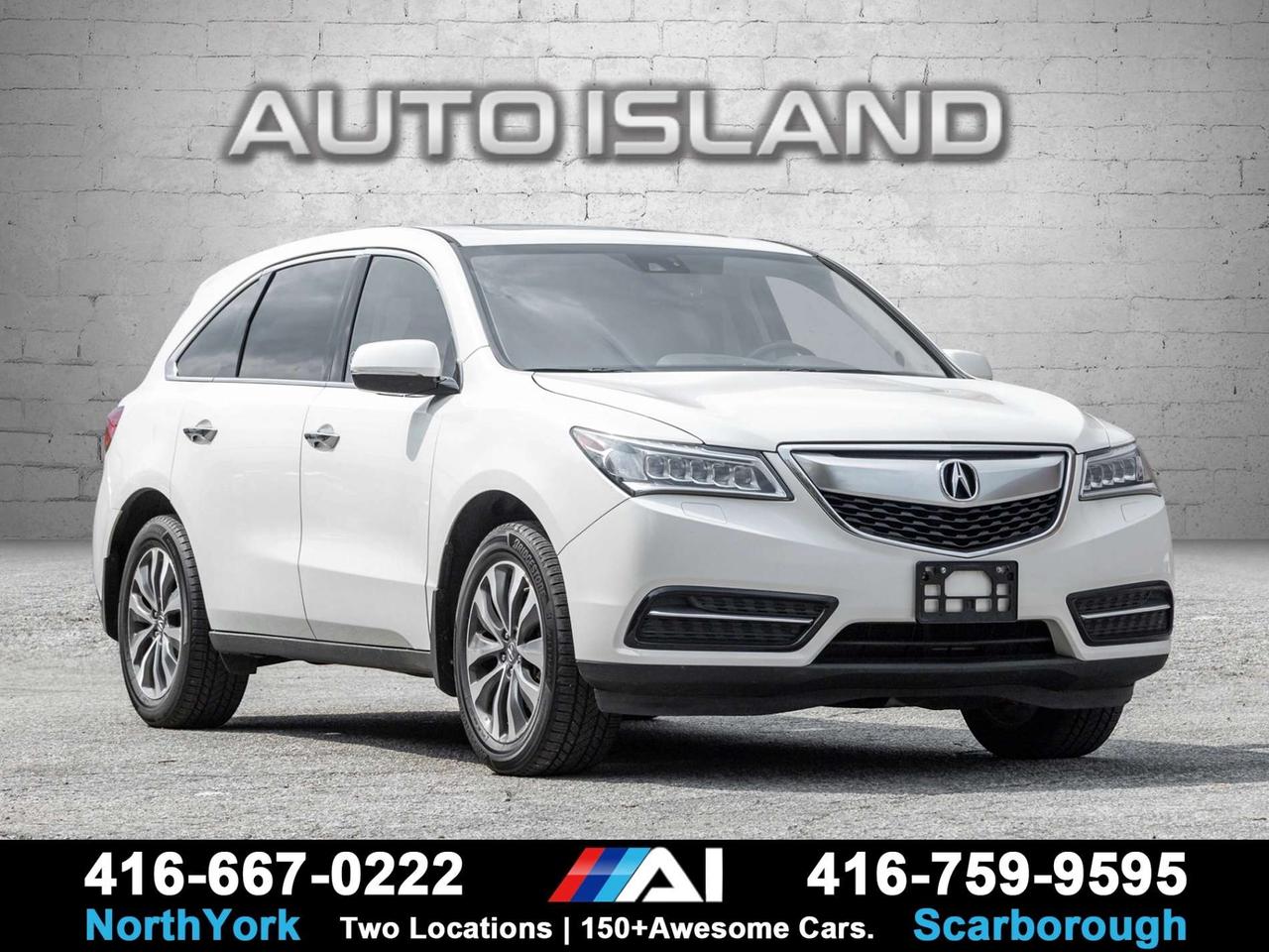 DEALER SERVICED, NO ACCIDENTS, AWD, LEATHER, SUNROOF, HEATED SEATS, NAVIGATION, BACKUP CAMERA, BLIND SPOT MONITORING, POWER TAILGATE, THREE-ROW SEATING.<br> This 2015 Acura MDX AWD with the Navigation Package has been dealer serviced and comes with a clean, accident-free history. The Navigation Package gives you a great mix of comfort and technology, including leather seating, a power sunroof, heated front seats, built-in navigation, and a backup camera. With three rows of seating, plenty of cargo space, and Acuras proven AWD system, its a practical luxury SUV thats equally comfortable for the daily commute or family road trips.<br><br>Auto Island Inc., North York<br>2555 Steeles Ave. West<br><br>www.autoislandinc.com <br><br>4.7 Google Rating and over 150 vehicles in stock, with more arriving daily! We take pride in offering top-quality vehicles and exceptional service. Our full-service mechanical shop is ready for all your maintenance needs, and every vehicle is professionally detailed and inspected  buy with confidence!<br><br>Payments as low as $0 down, up to 84 months, OAC. Good credit, bad credit, new credit? No problem  everyones approved! Easy online credit application available . Rates starting at 6.95% OAC  please call for details.<br><br>Please note: All prices are plus applicable taxes (HST) and licensing. No hidden surprisesjust great vehicles and transparent deals. Certification is available for an additional $899. Without certification, as per OMVIC regulations, the vehicle is not drivable, not E-tested, and not certified.<br><br>Proudly serving the GTA and beyond: Peel, Halton, Brampton, Toronto, Burlington, Milton, Mississauga, Hamilton, Cambridge, London, Kitchener, Guelph, Orangeville, Newmarket, Barrie, Markham, Bolton, Caledon, Vaughan, Woodbridge, Etobicoke, Oakville, and more.<br><br>We carry all makes and models, including Mercedes, BMW, Audi, Jaguar, VW, Maserati, Porsche, Land Rover, Range Rover, Chrysler, Jeep, Honda, Toyota, Lexus, Infiniti, Acura, and more.<br><br> <br><br><br><br><br><br> <br><br><br><br><br><br><br><br><br>