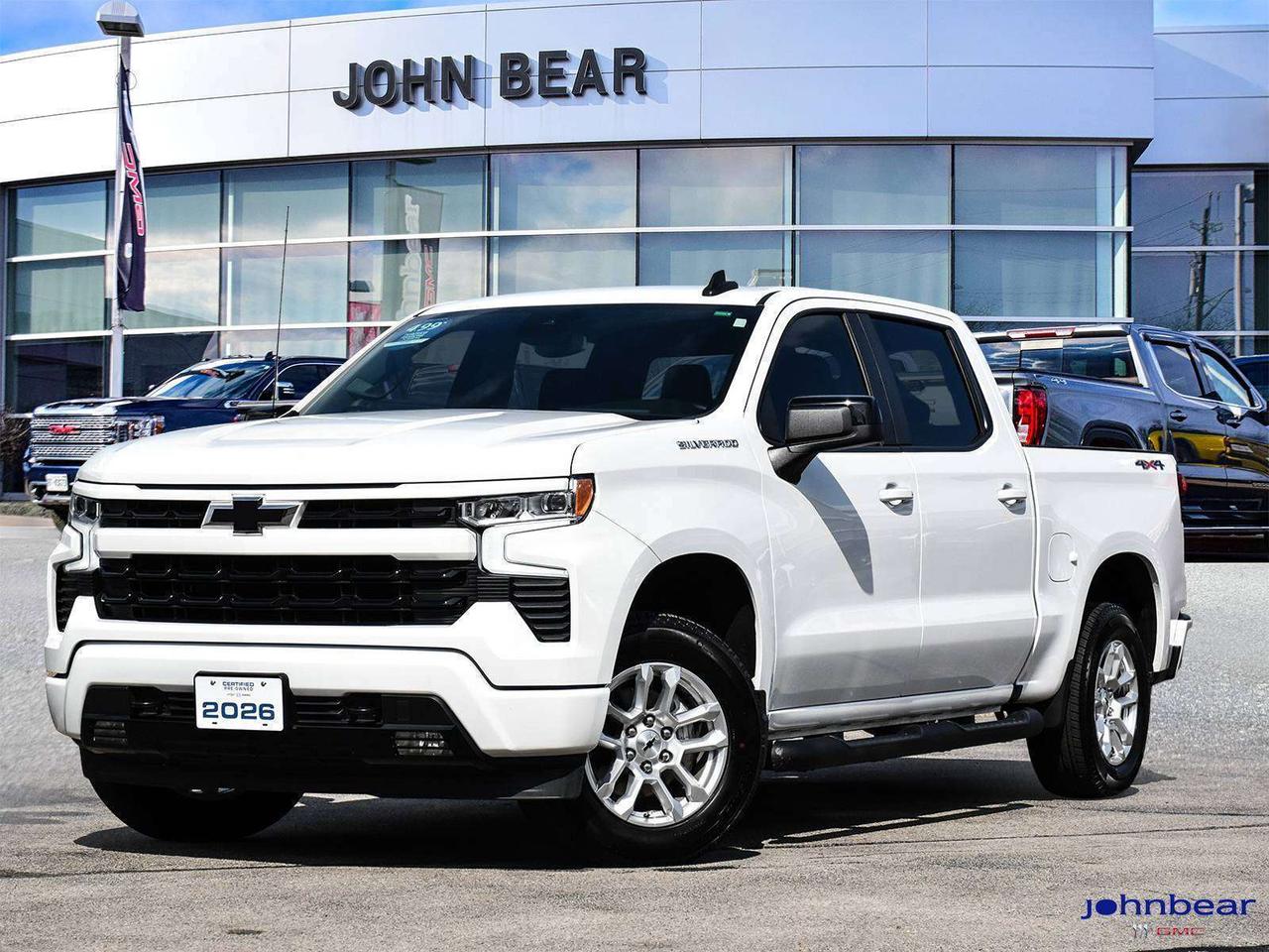 2026 Chevrolet Silverado 1500 RST<br><br><br>REMOTE START, NAVIGATION, BACK-UP CAMERA, NOT A RENTAL, LOCAL TRADE, GM FACTORY CERTIFIED, MARKET VALUE PRICING, ONE OWNER, CLEAN CARFAX REPORT, CREW CAB 4WD, CHEVY SAFETY ASSIST, TRAILERING PKG., CONVENIENCE PKG., CHEVYTEC SPRAYLINER, 10-Speed Automatic, 4WD, Jet Black w/Cloth Seat Trim.<br><br><br>EcoTec3 5.3L V8 10-Speed Automatic 4WD<br><br><br>Certified. Certification Program Details: * 4.49% APR Financing on Select Models for 24mo* of PreOwned Vehicles * 3-month or 5,000 kilometres Comprehensive Limited Warranty Coverage * 24/7 Roadside Assistance * CARFAX® Vehicle History Report Sirius XM 3 months prepaid service * 150-Point Inspection * 30 Days or 2,500 kilometres exchange privilege SEE DEALER FOR ADDITIONAL DETAILS<br><br><br>John Bear Buick GMC offers many automotive products and services. When you visit our store, what you can expect is quality both in our selection of pre-owned vehicles and from our world-class sales team. We offer Market Based Pricing with some of the best value in the Niagara region.