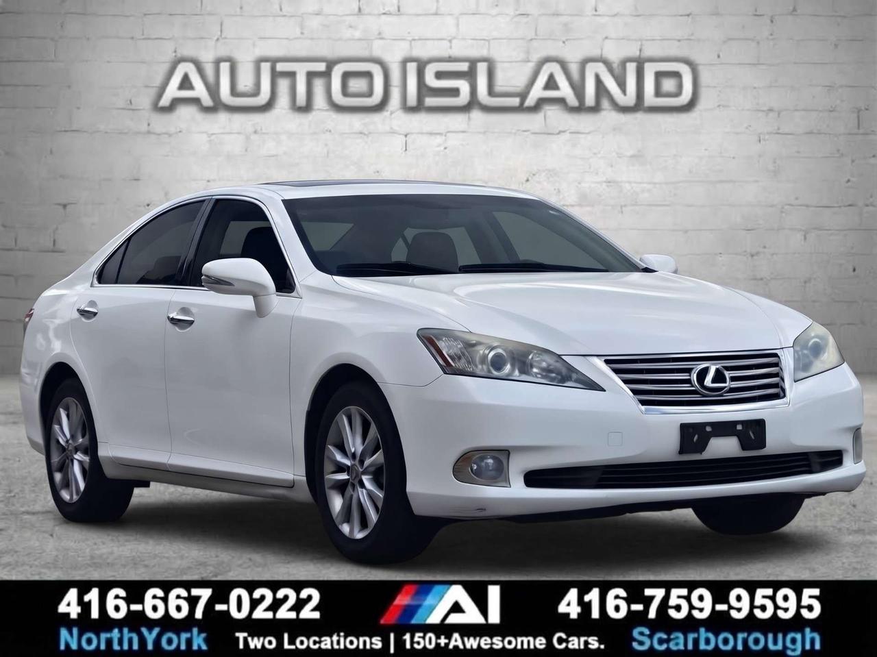 ONE OWNER, DEALER SERVICED, NAVIGATION PACKAGE, 3.5L V6, 268 HP, LEATHER, HEATED & VENTILATED FRONT SEATS, POWER MOONROOF, NAVIGATION, BACKUP CAMERA, 17 ALLOY WHEELS, DRIVER MEMORY SEAT, POWER FRONT SEATS, DUAL-ZONE AUTOMATIC CLIMATE CONTROL, BLUETOOTH. This 2012 Lexus ES 350 delivers the smooth, quiet ride and refined comfort that have made the ES a standout in the luxury sedan segment. Its 3.5L V6 produces 268 hp, providing effortless acceleration while maintaining the relaxed driving character Lexus is known for. The Navigation Package adds valuable technology, while the cabin elevates everyday comfort with leather seating, heated and ventilated front seats, power-adjustable seating with driver memory and a power moonroof. Navigation, a backup camera and 17-inch alloy wheels round out the equipment, making this an exceptionally comfortable sedan for commuting or longer highway drives. With one owner and dealer-serviced history, this ES 350 has an appealing ownership background to match its premium character.<br><br>Auto Island Inc., North York<br>2555 Steeles Ave. West<br><br>www.autoislandinc.com <br><br>4.7 Google Rating and over 150 vehicles in stock, with more arriving daily! We take pride in offering top-quality vehicles and exceptional service. Our full-service mechanical shop is ready for all your maintenance needs, and every vehicle is professionally detailed and inspected – buy with confidence!<br><br>Payments as low as $0 down, up to 84 months, OAC. Good credit, bad credit, new credit? No problem – everyone’s approved! Easy online credit application available . Rates starting at 8.49% OAC – please call for details.<br><br>Please note: All prices are plus applicable taxes (HST) and licensing. No hidden surprises—just great vehicles and transparent deals. Certification is available for an additional $999. Without certification, as per OMVIC regulations, the vehicle is not drivable, not E-tested, and not certified.<br><br>Proudly serving the GTA and beyond: Peel, Halton, Brampton, Toronto, Burlington, Milton, Mississauga, Hamilton, Cambridge, London, Kitchener, Guelph, Orangeville, Newmarket, Barrie, Markham, Bolton, Caledon, Vaughan, Woodbridge, Etobicoke, Oakville, and more.<br><br>We carry all makes and models, including Mercedes, BMW, Audi, Jaguar, VW, Maserati, Porsche, Land Rover, Range Rover, Chrysler, Jeep, Honda, Toyota, Lexus, Infiniti, Acura, and more.<br><br> <br><br><br><br><br><br> <br><br><br><br><br><br><br><br><br>